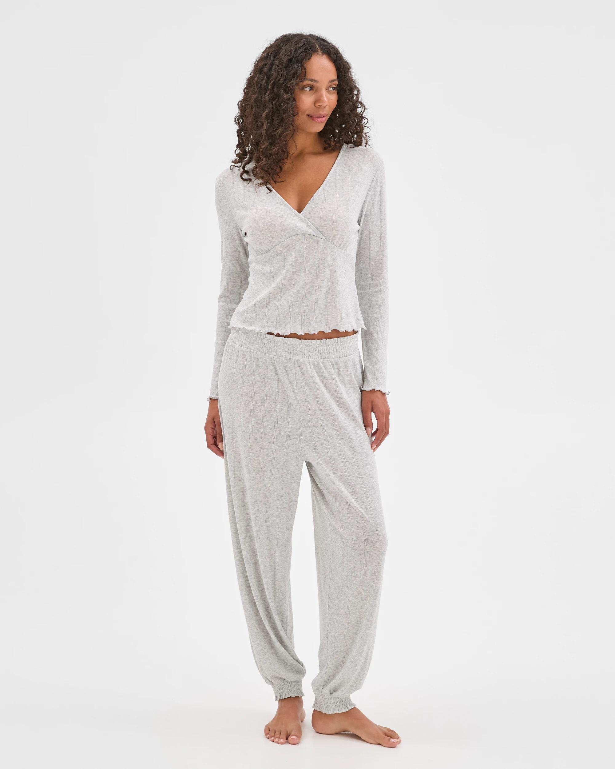 2 Target Woman Pointelle Long Sleeve Wrap Sleep Top GREY MARLE, 2 of 7