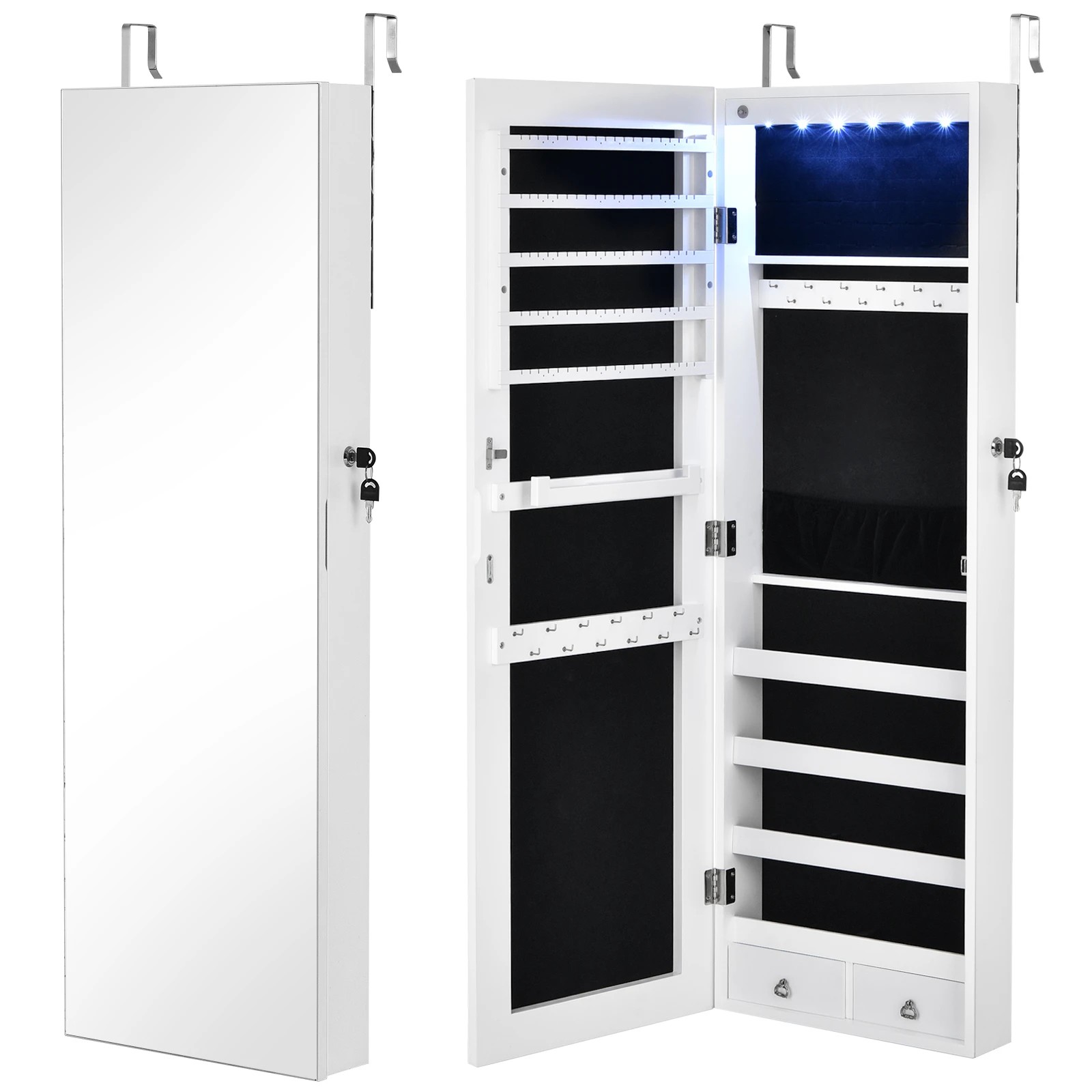 1 Costway Mirrored LED Jewellery Cabinet Wall/Door Mounted Jewelry Armoire w/2 Drawers Box Organizer - White, 1 of 4
