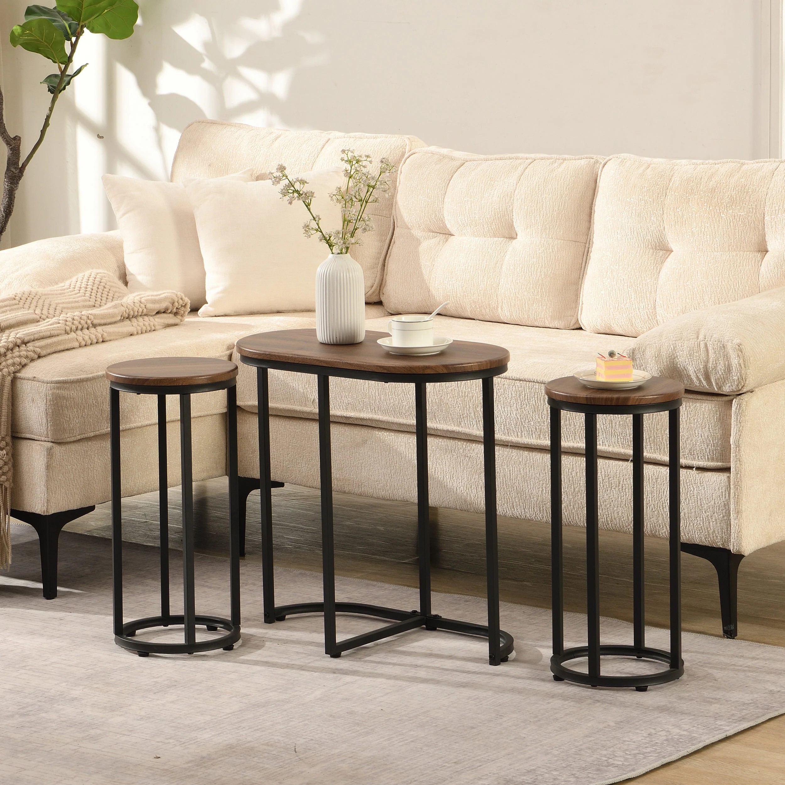 9 IHOMDEC 3 Pieces Oval Coffee Table Set with 2 Round Chairs Walnut - Brown, 9 of 9