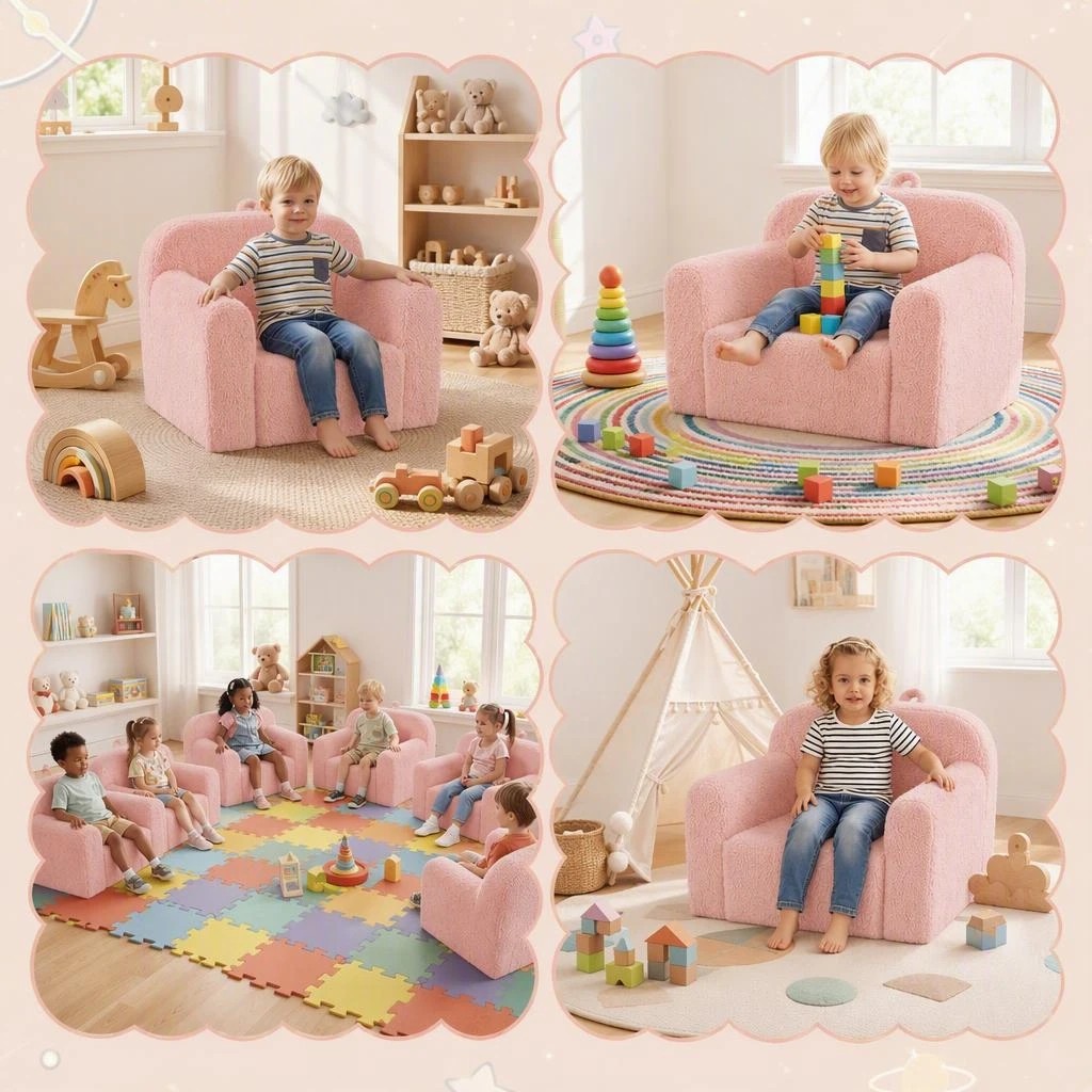 5 Costway Foam Couch Teddy Fleece Fabric Sofa Cute Reading Chair w/Handle - Pink, 5 of 8