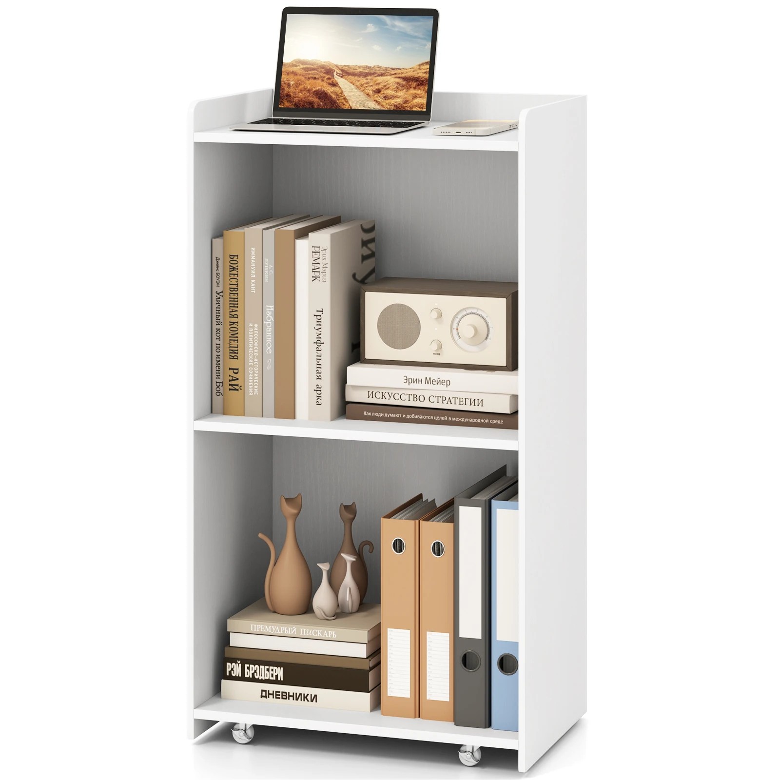6 Costway 105cm Rolling Lectern Stand Presentation Podium w/Storage Shelves - White, 6 of 6