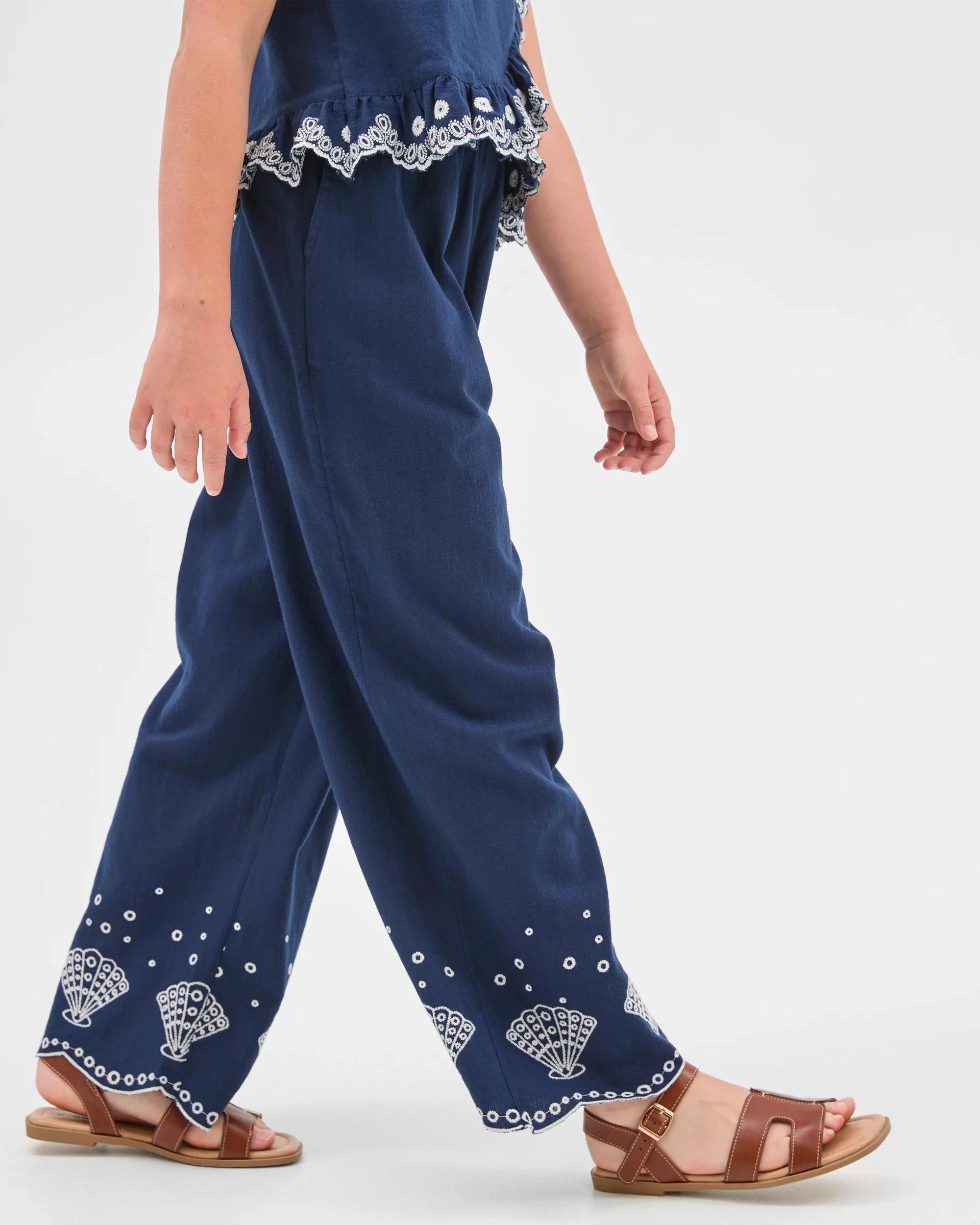 1 Target Embroidered Hem Cropped Wide Leg Chambray Pants NAVY, 1 of 7