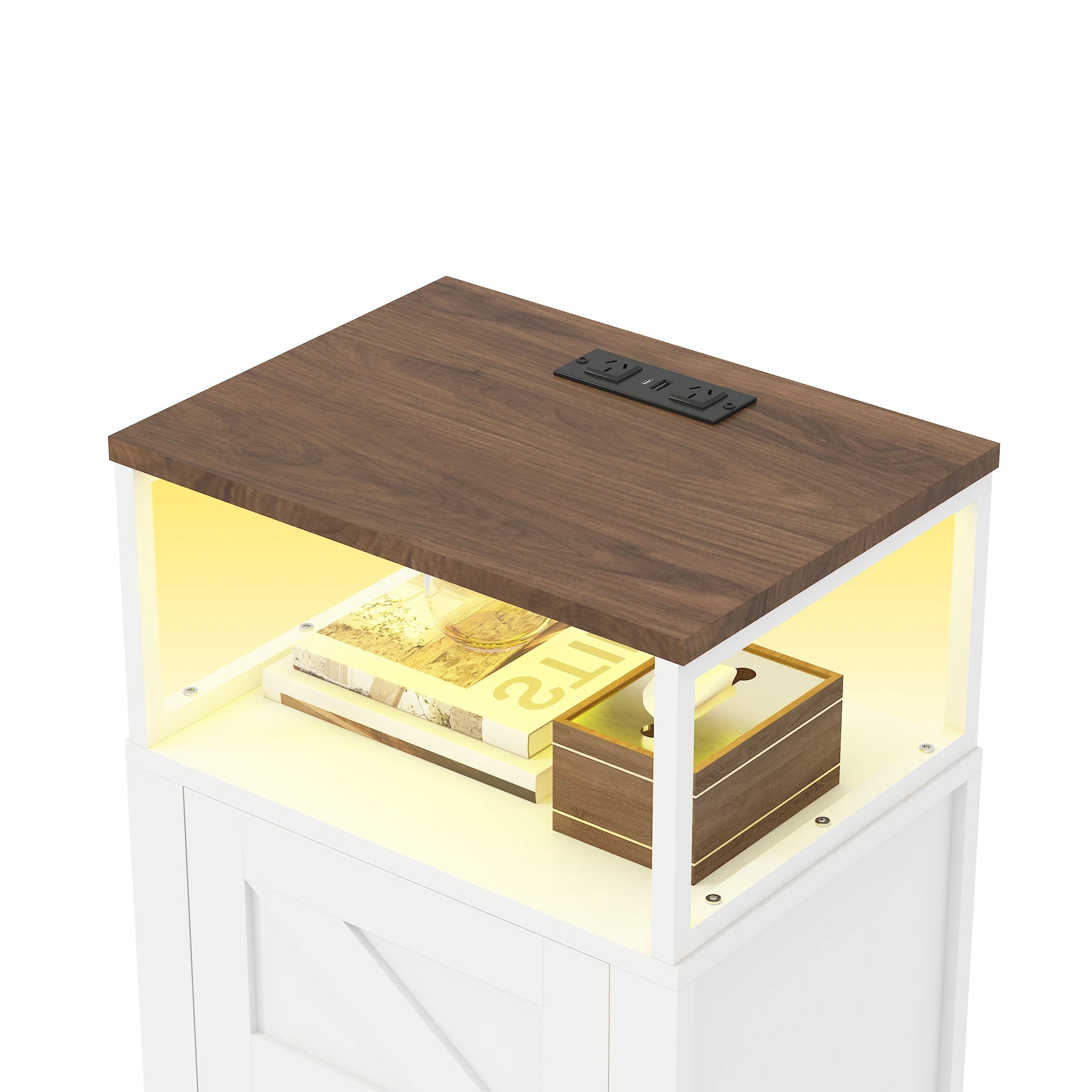 5 Advwin Set of 2 Farmhouse Bedside Table with Charging Station & LED Light - White, 5 of 7