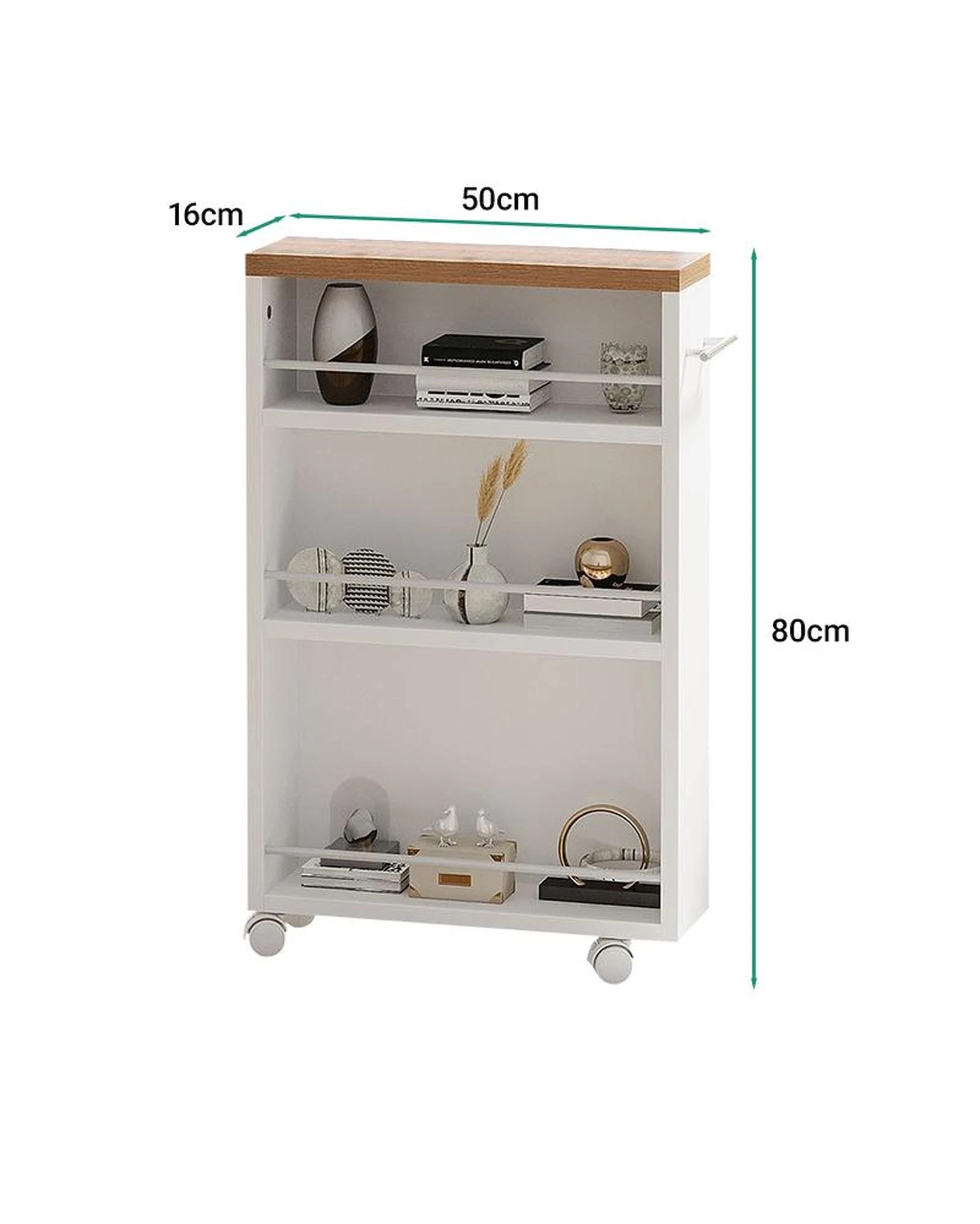 5 OAKORY 80cm Slim 3-Tier Storage Cart, Kitchen Island with Wheels in White  for Narrow Space, 5 of 9