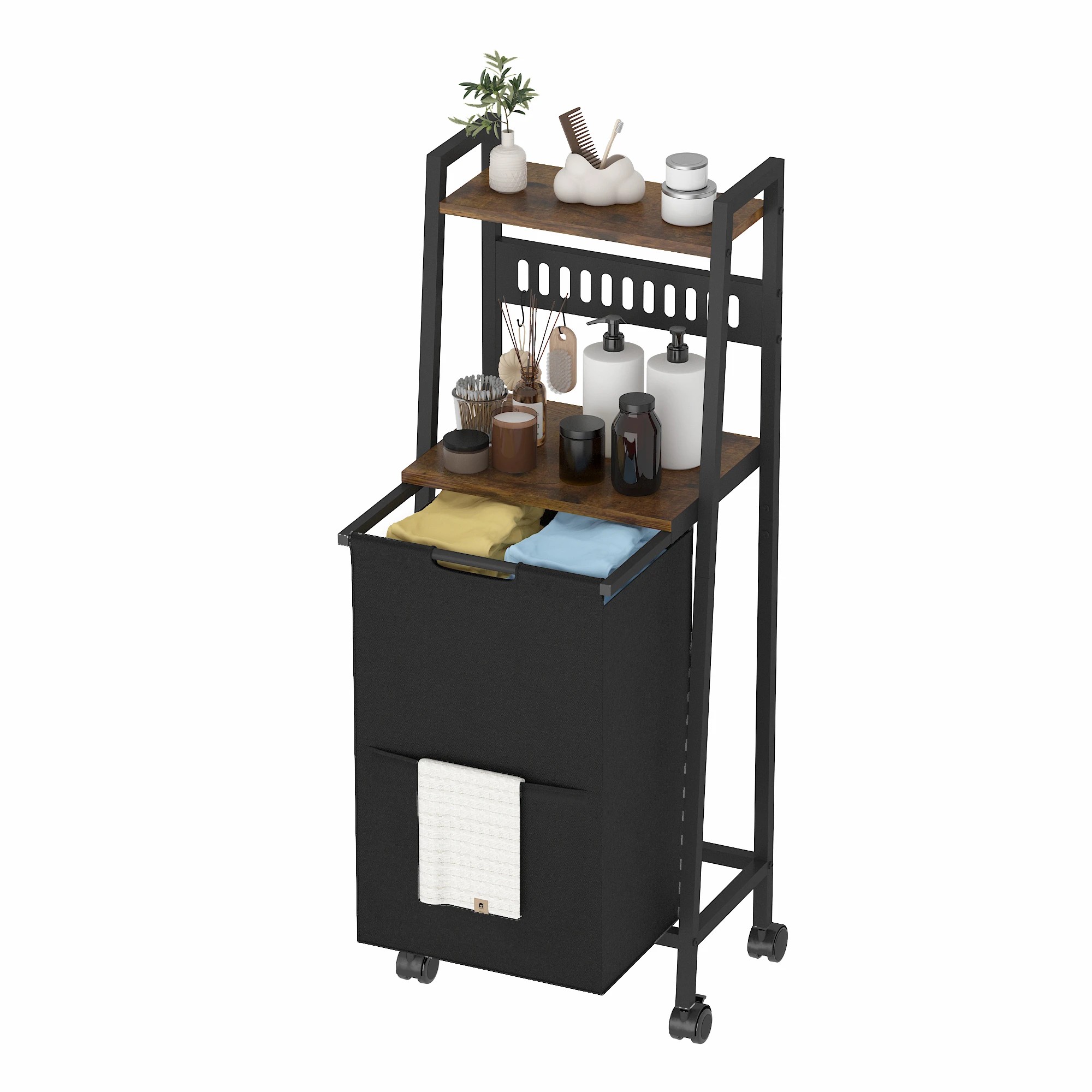 4 Advwin 54L Laundry Hamper with Wheels Shelves Hooks - Brown, 4 of 9