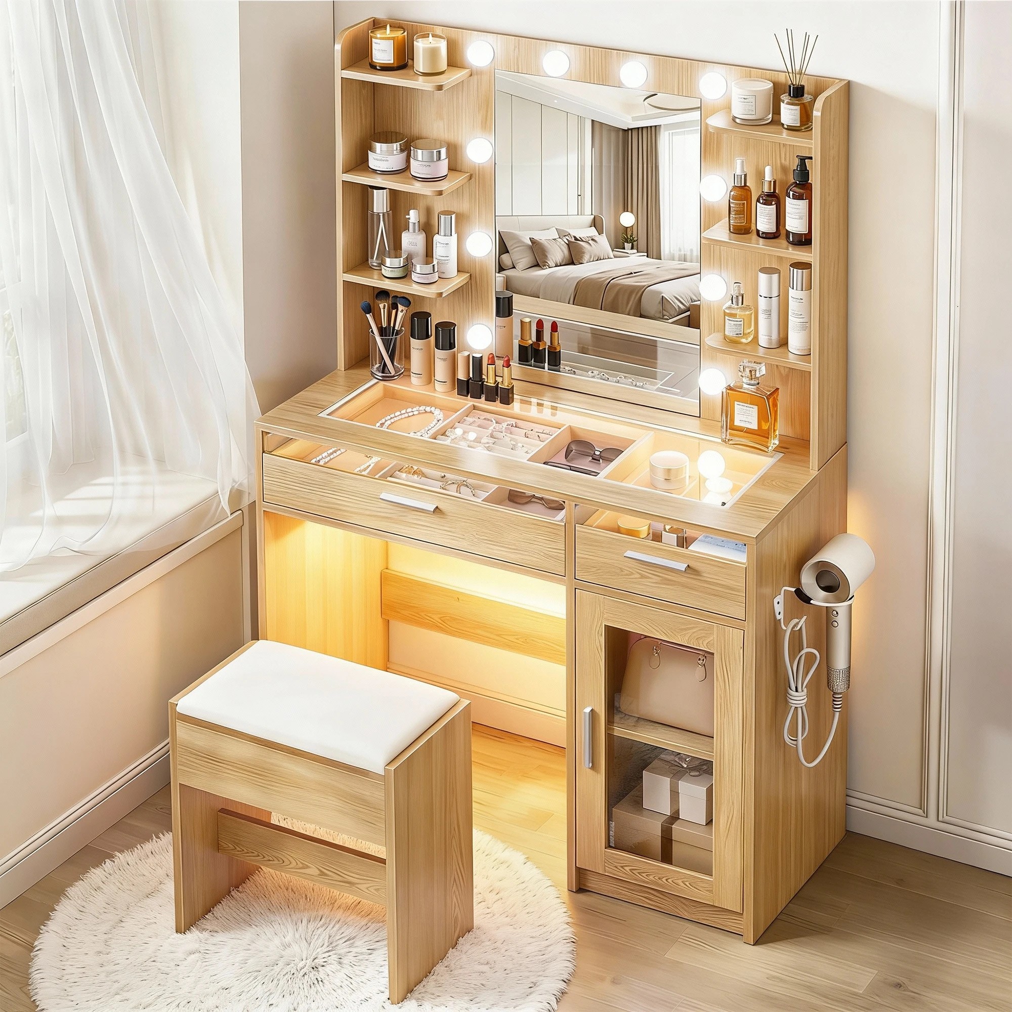 9 Artiss Dressing Table Vanity Desk Set 10 LED Bulbs RGB Light - Natural, 9 of 9