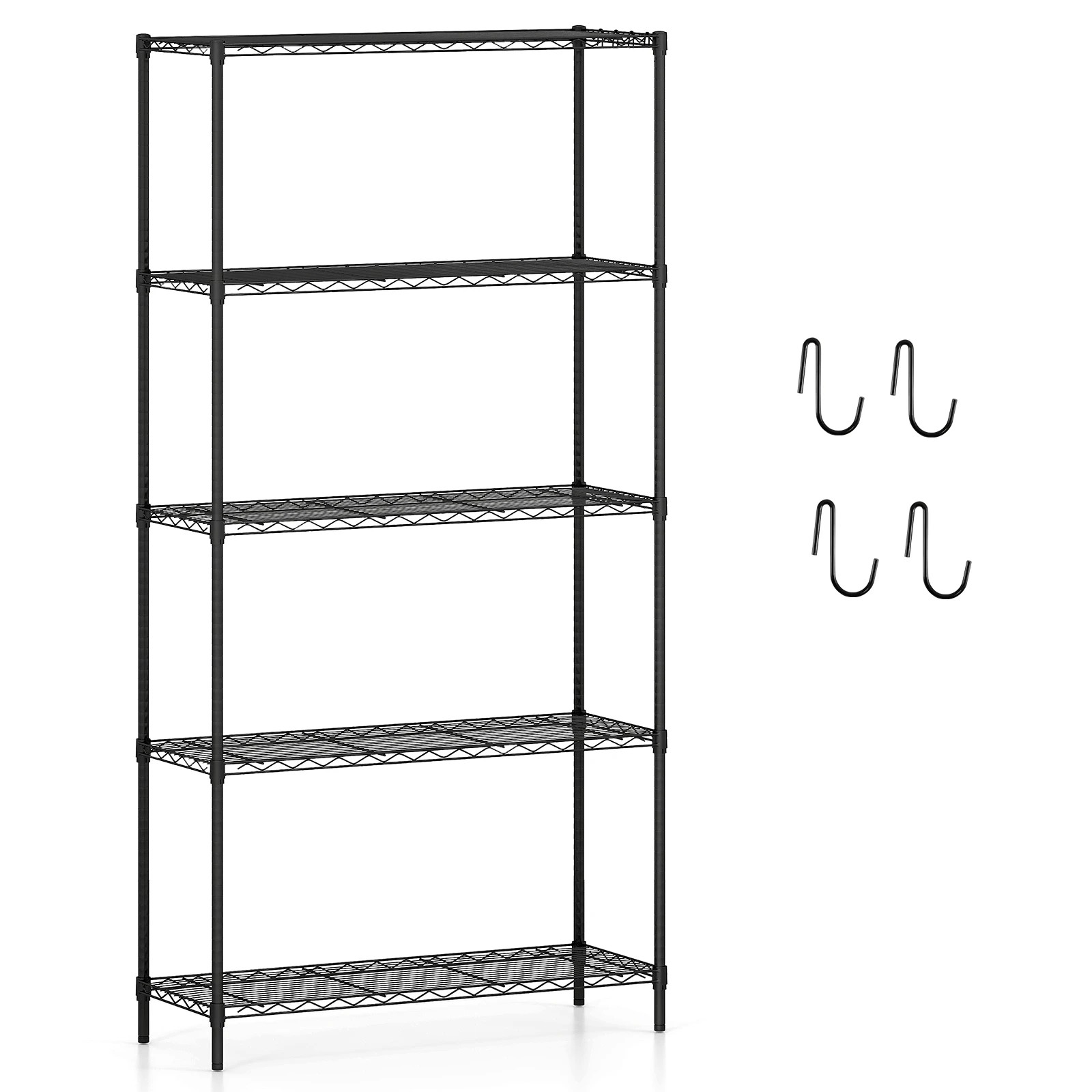 1 Costway 5-Tier Wire Shelving Unit Adjustable Heavy-Duty Metal Storage Shelves w/4 Hooks, 1 of 5