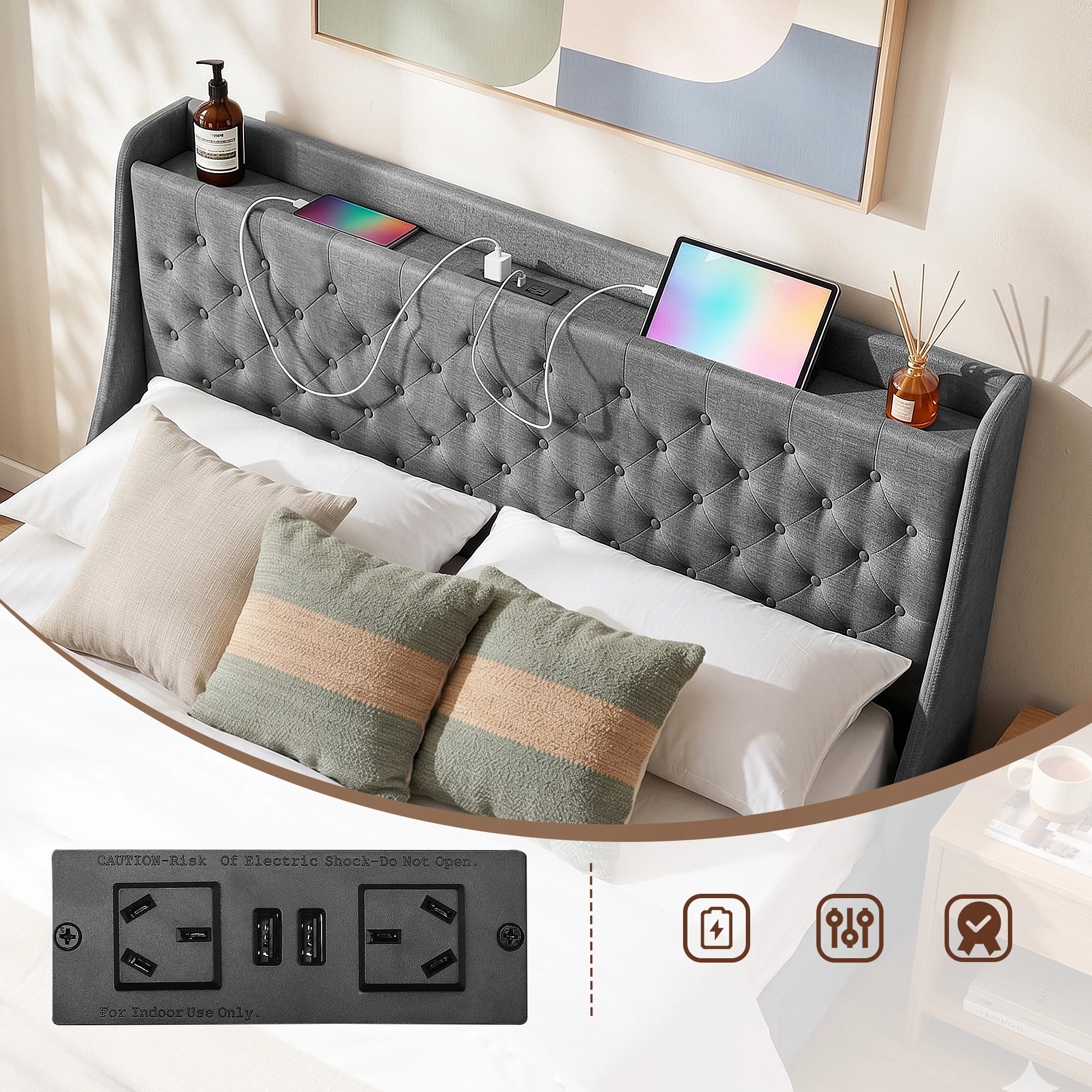 5 Artiss King Bed Frame with 4 Storage Drawers Charging Station Tufted Wingback Headboard 300kg Loads - Charcoal, 5 of 10