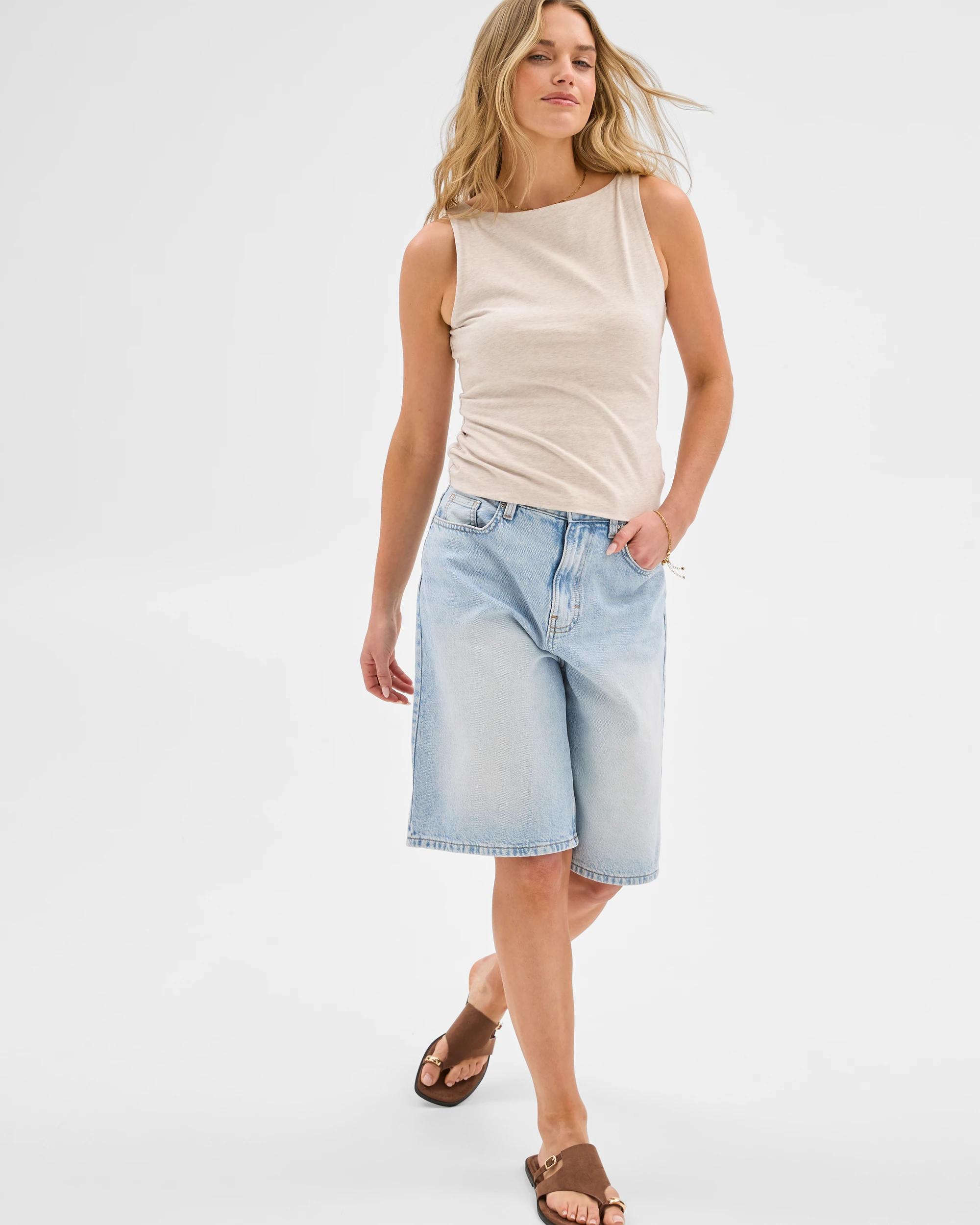 1 Australian Cotton Double Layer Boat Neck Tank Top - Lily Loves SOFT OATMEAL, 1 of 6