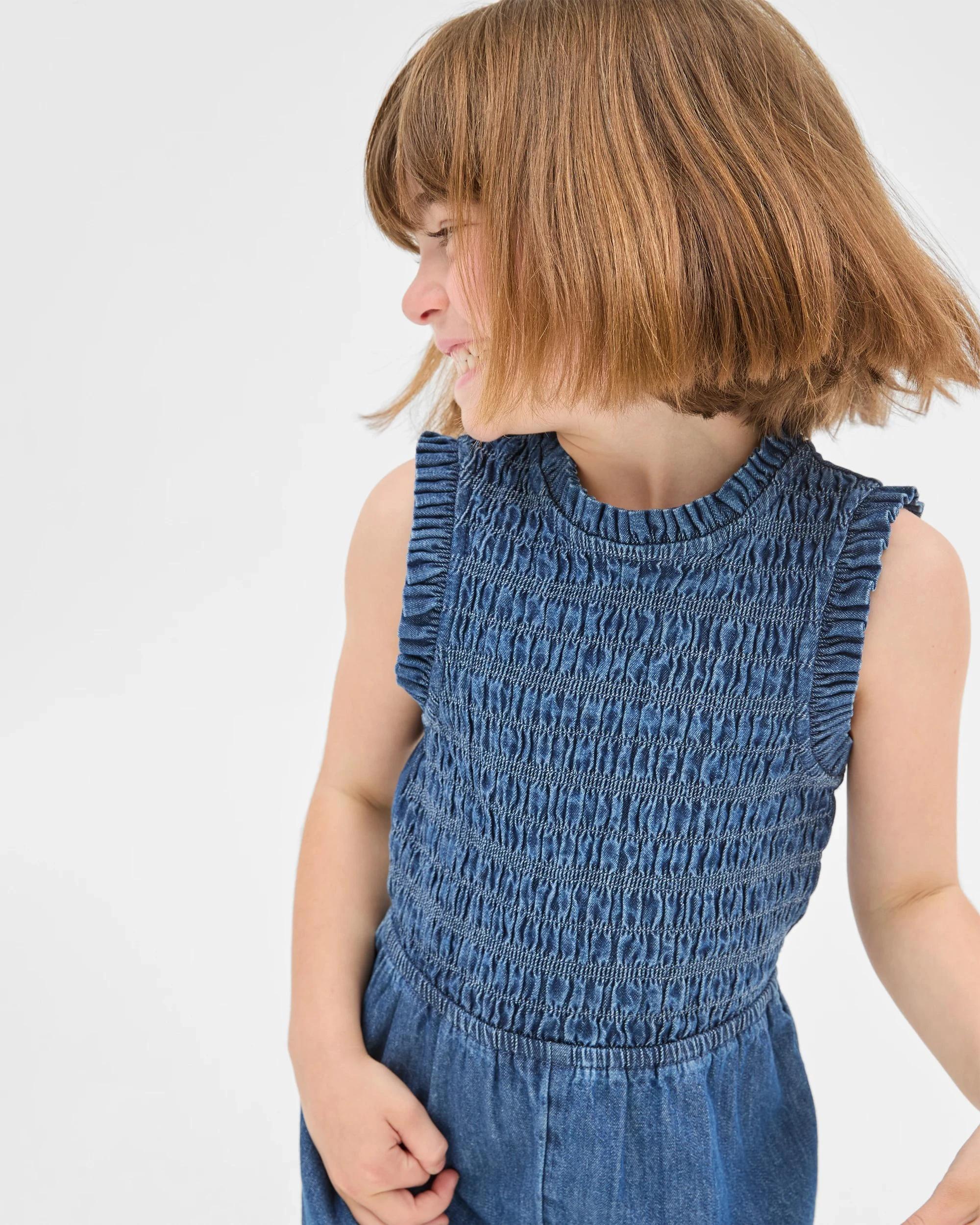 3 Target Kids Younger Girls Shirred Denim Playsuit MID WASH BLUE, 3 of 6