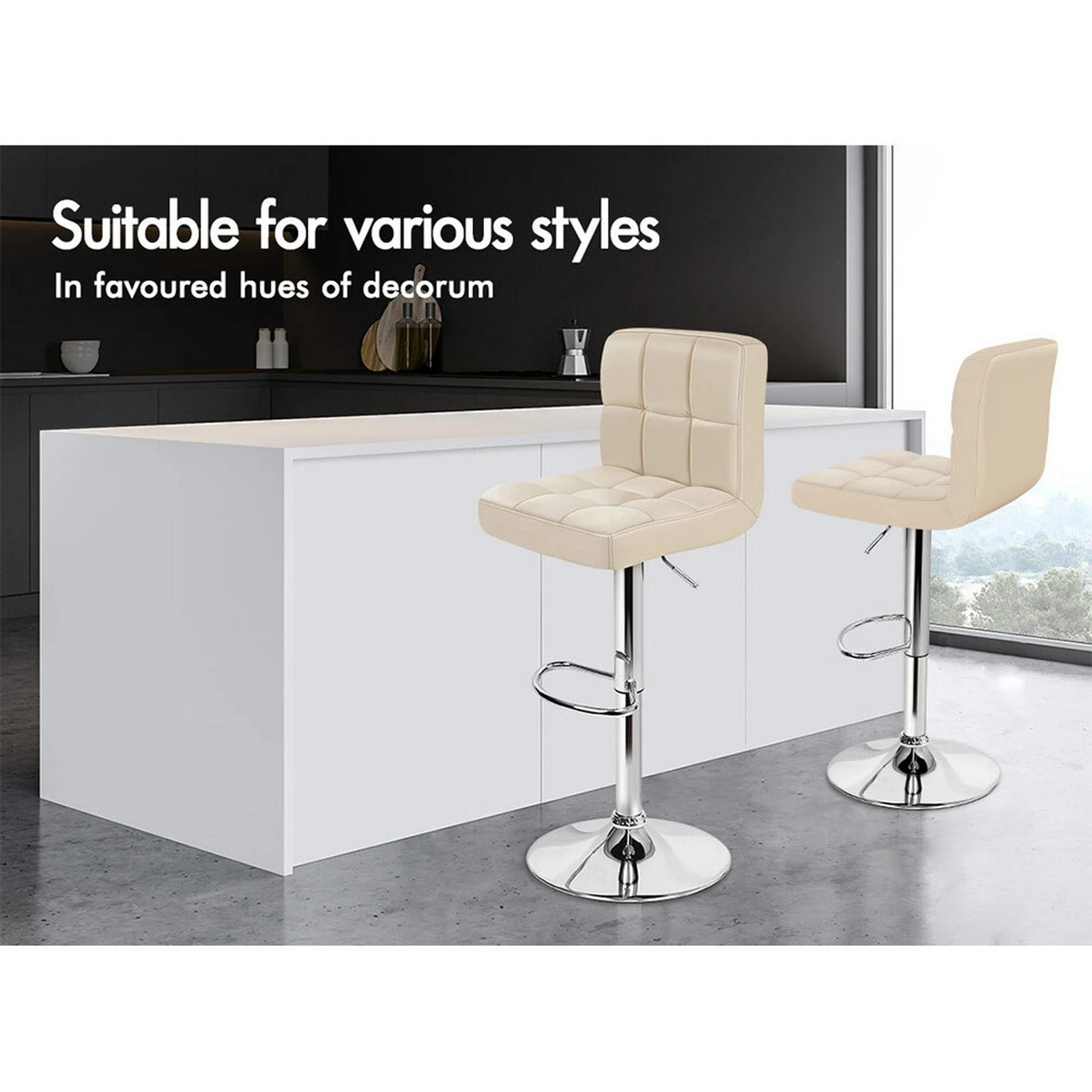 3 Alfordson 4x Bar Stools Ralph Kitchen Swivel Chair Leather Gas Lift - Beige, 3 of 8