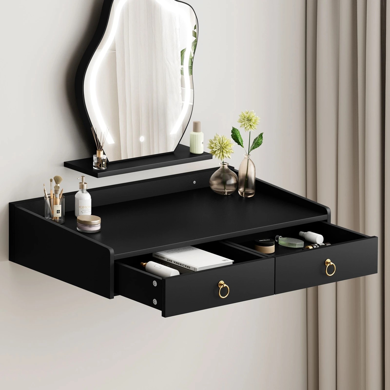 4 Alfordson Dressing Table Stool Set Floating Makeup Mirror LED Vanity Desk - Black, 4 of 10