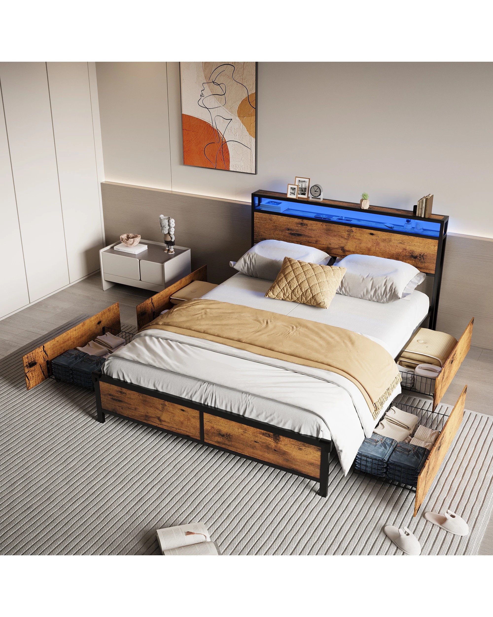 5 Advwin Double Bed Frame with 4 Storage Drawers & Charging Station & RGB LED Lights - Brown, 5 of 5