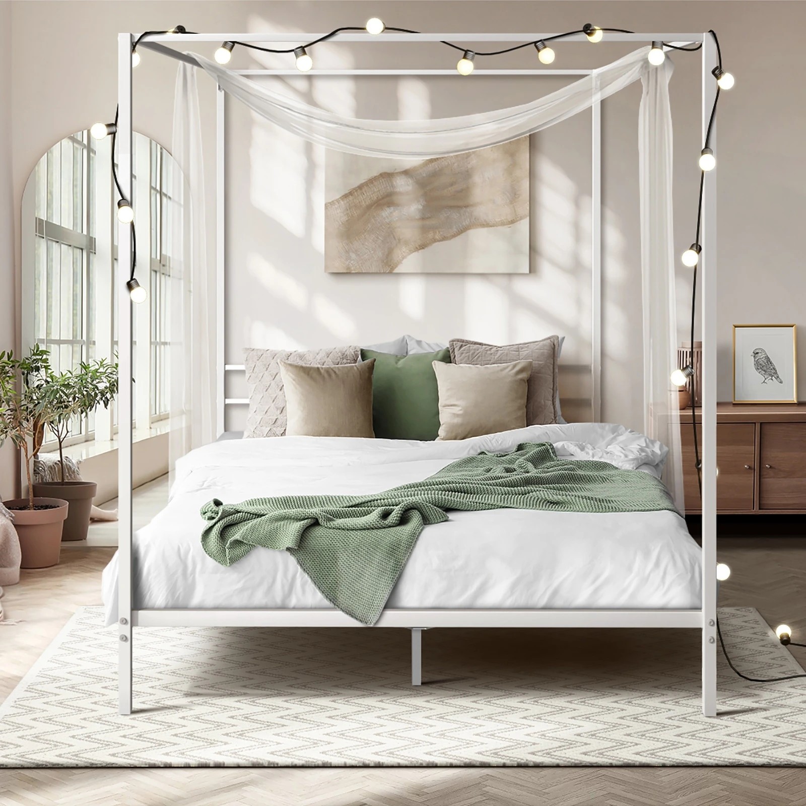 3 Oikiture Metal Canopy Bed Frame Queen Size Beds Platform
 - White, 3 of 8