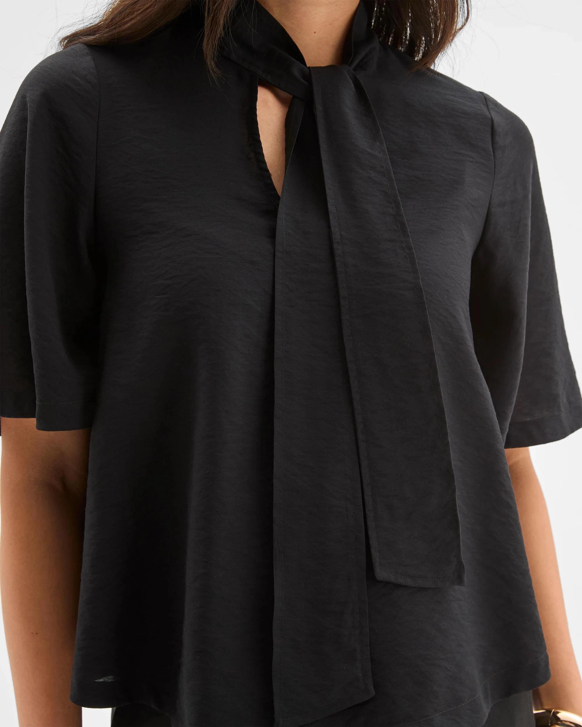 6 Preview Short Sleeve Tie Neck Blouse BLACK, 6 of 9
