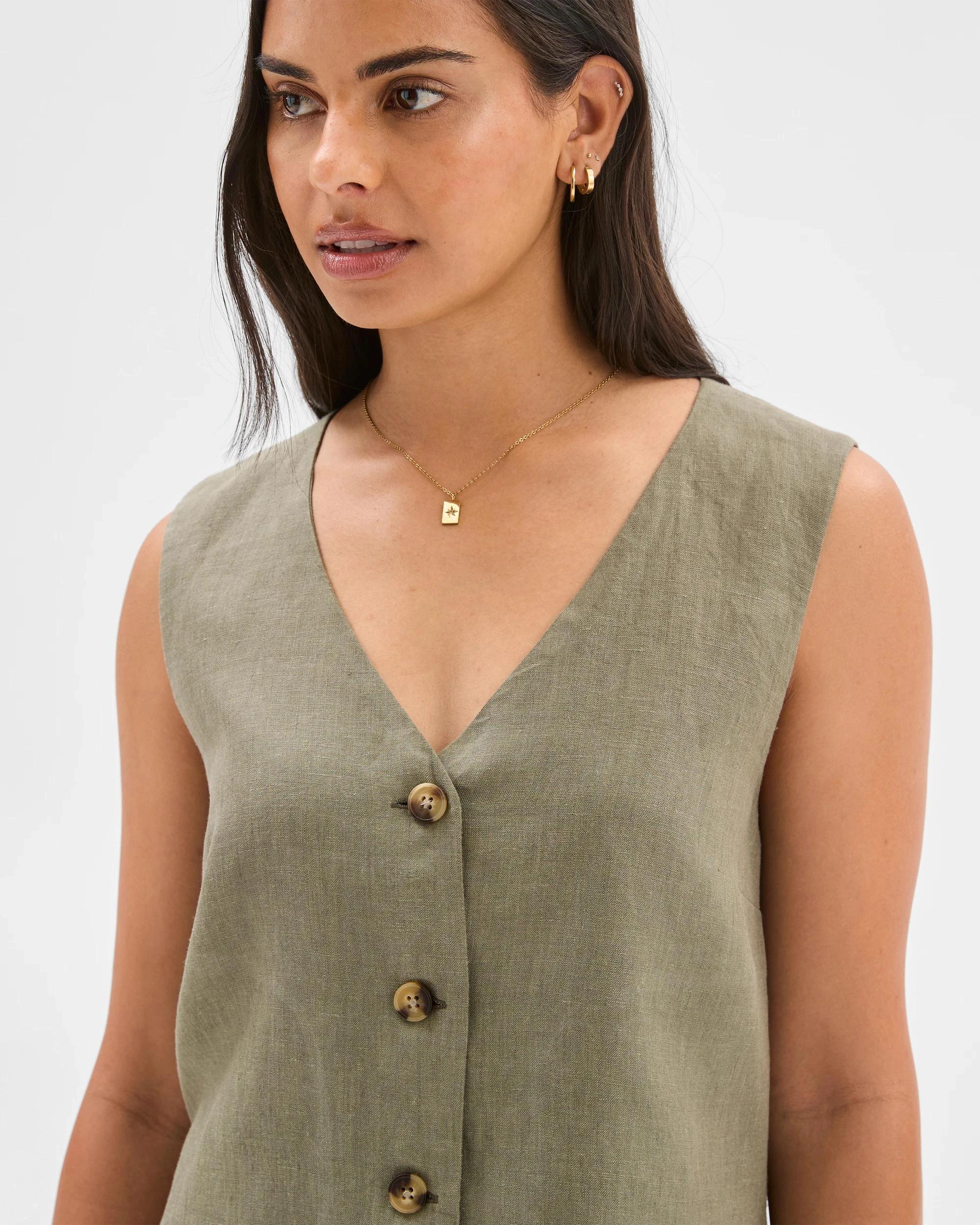 3 Target Woman European Linen Button Front Mini Dress DUSTY OLIVE, 3 of 6