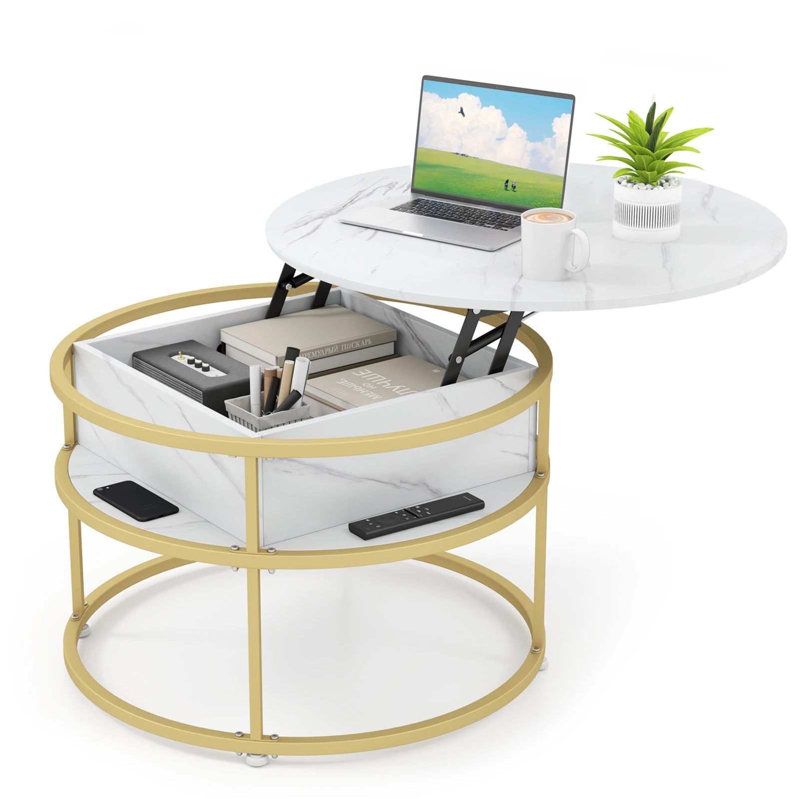 4 Costway Lift Top Coffee Table 2-Tier Round Center Cocktail Table w/Hidden Compartment, 4 of 4