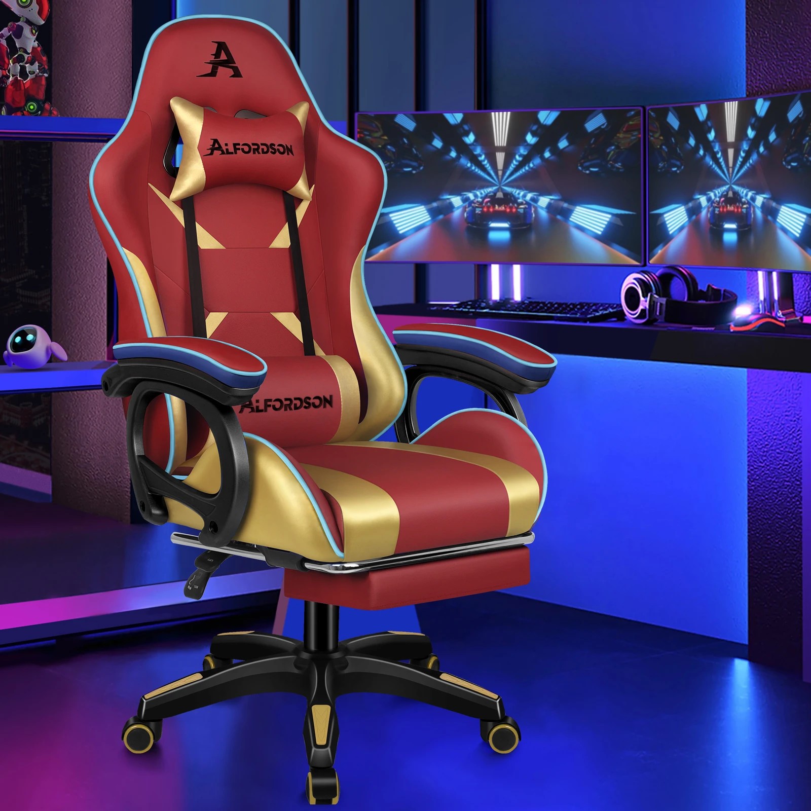 4 Alfordson Gaming Office Chair Racing Massage Computer Seat Footrest Leather - Red, 4 of 10