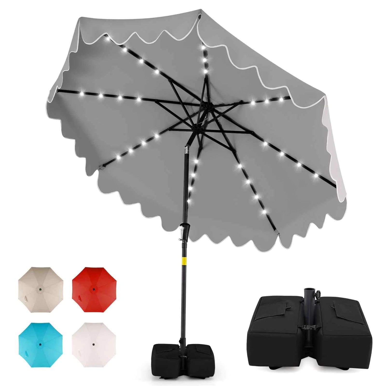1 Costway 2.7M Outdoor Patio Umbrella Tilt w/32 Solar LED Lights & Weighted Base - Grey, 1 of 3