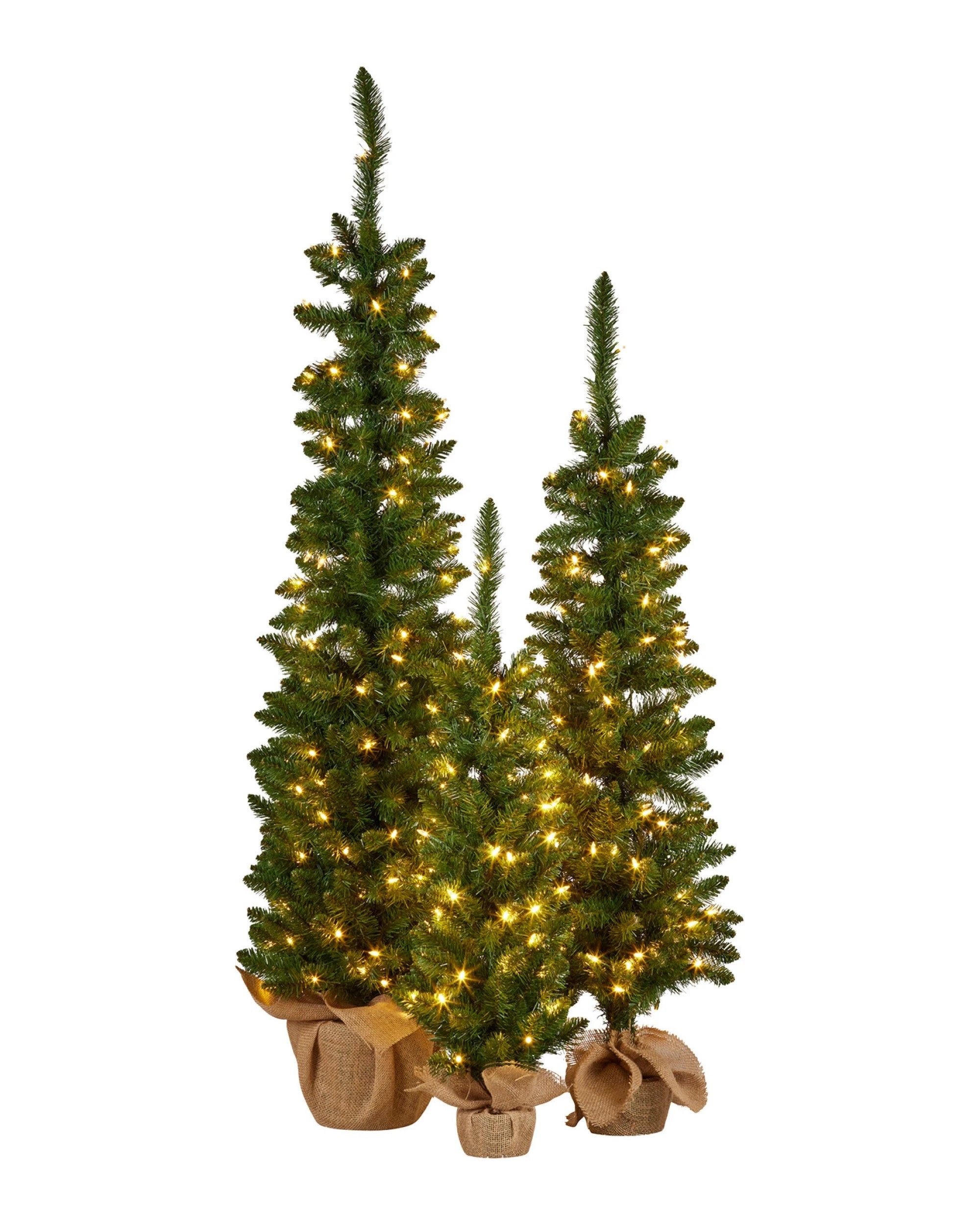 1 Christabelle Set Of 3 Pre-lit Christmas Trees Green Pine Led Lights Hessian Base Individual Plugs Varying Heights, 1 of 9