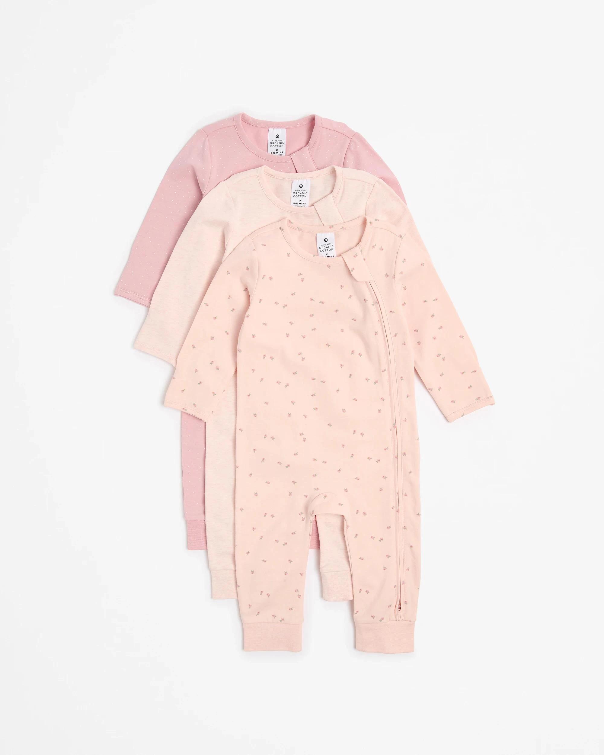 1 Target Baby Baby Organic Cotton Zip Footless Coveralls 3 Pack FLOWER/PINK MARLE/PINK SPOT, 1 of 5