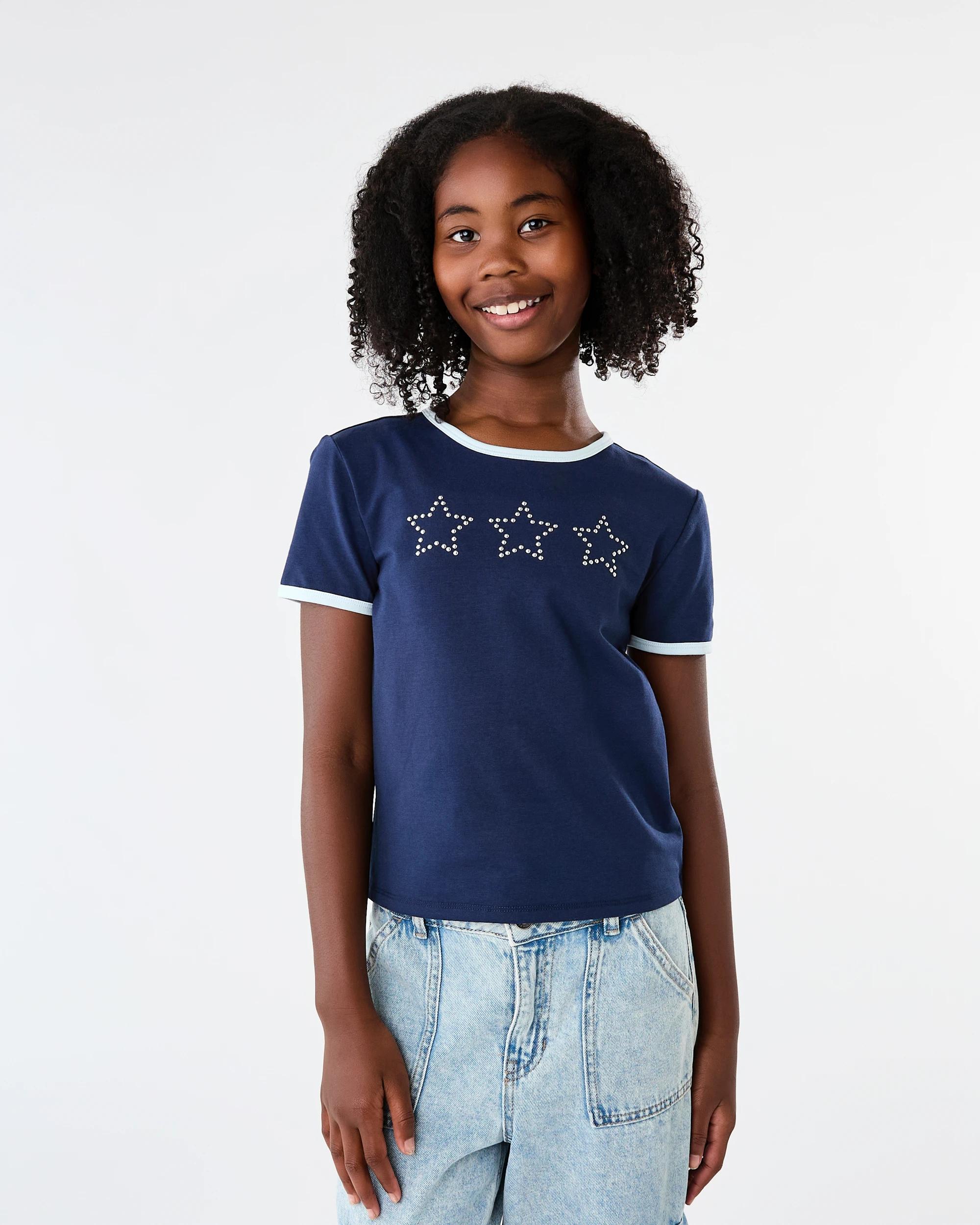 1 Short Sleeve Embellished Ringer T-shirt Navy Stars, 1 of 7