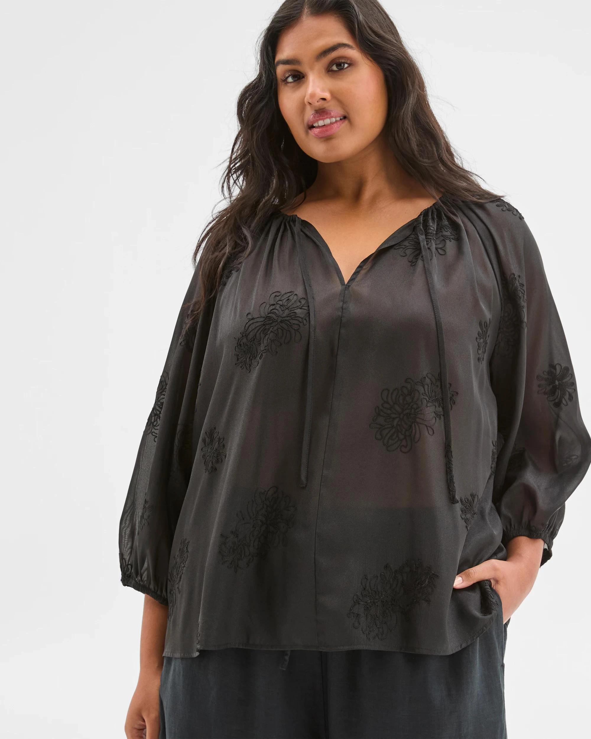 2 Target Plus Size 3/4 Sleeve Applique Detail Blouse BLACK, 2 of 7