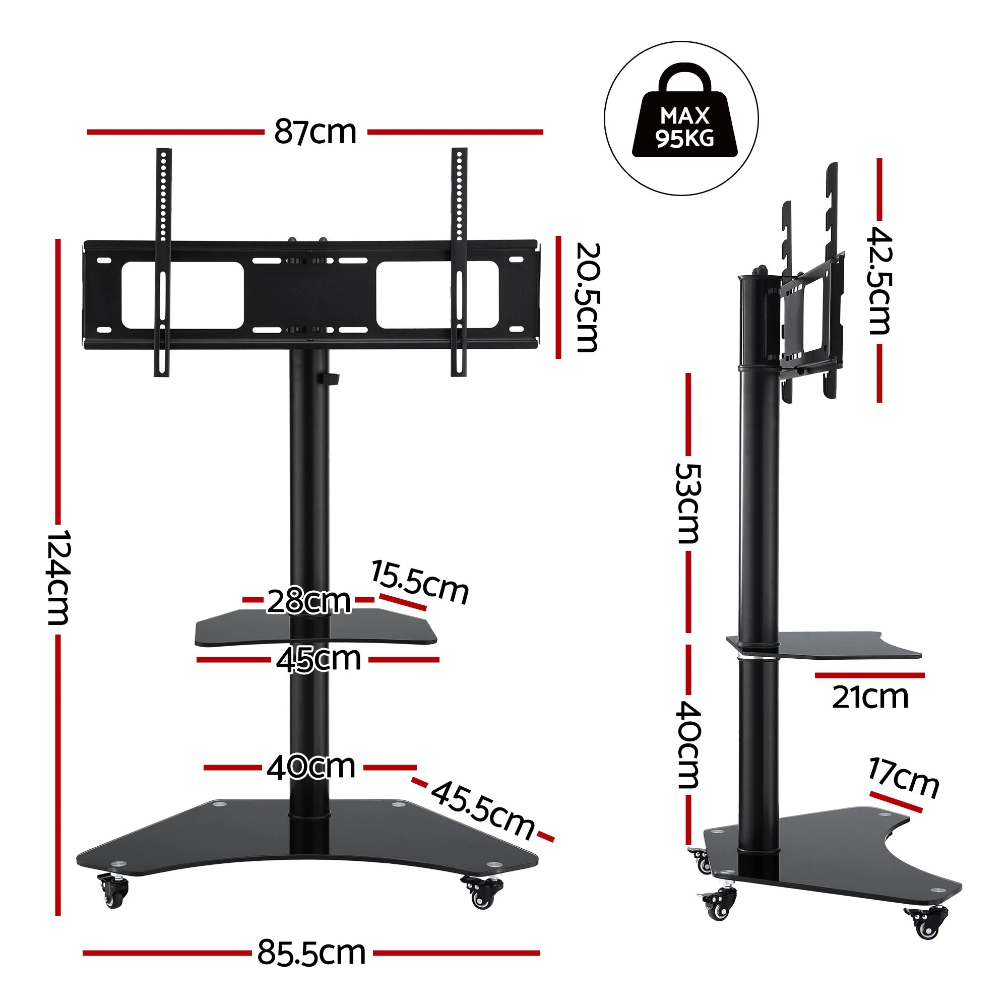 3 Artiss 40-100" TV Stand Mount Bracket Universal Adjustable Height with Wheels - Black, 3 of 10
