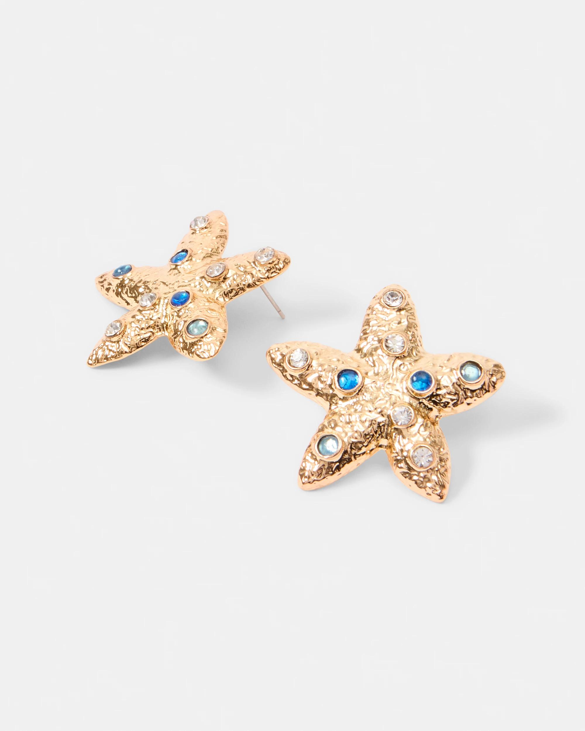 3 Diamante Starfish Stud Earrings - Gold Tone Gold, 3 of 5