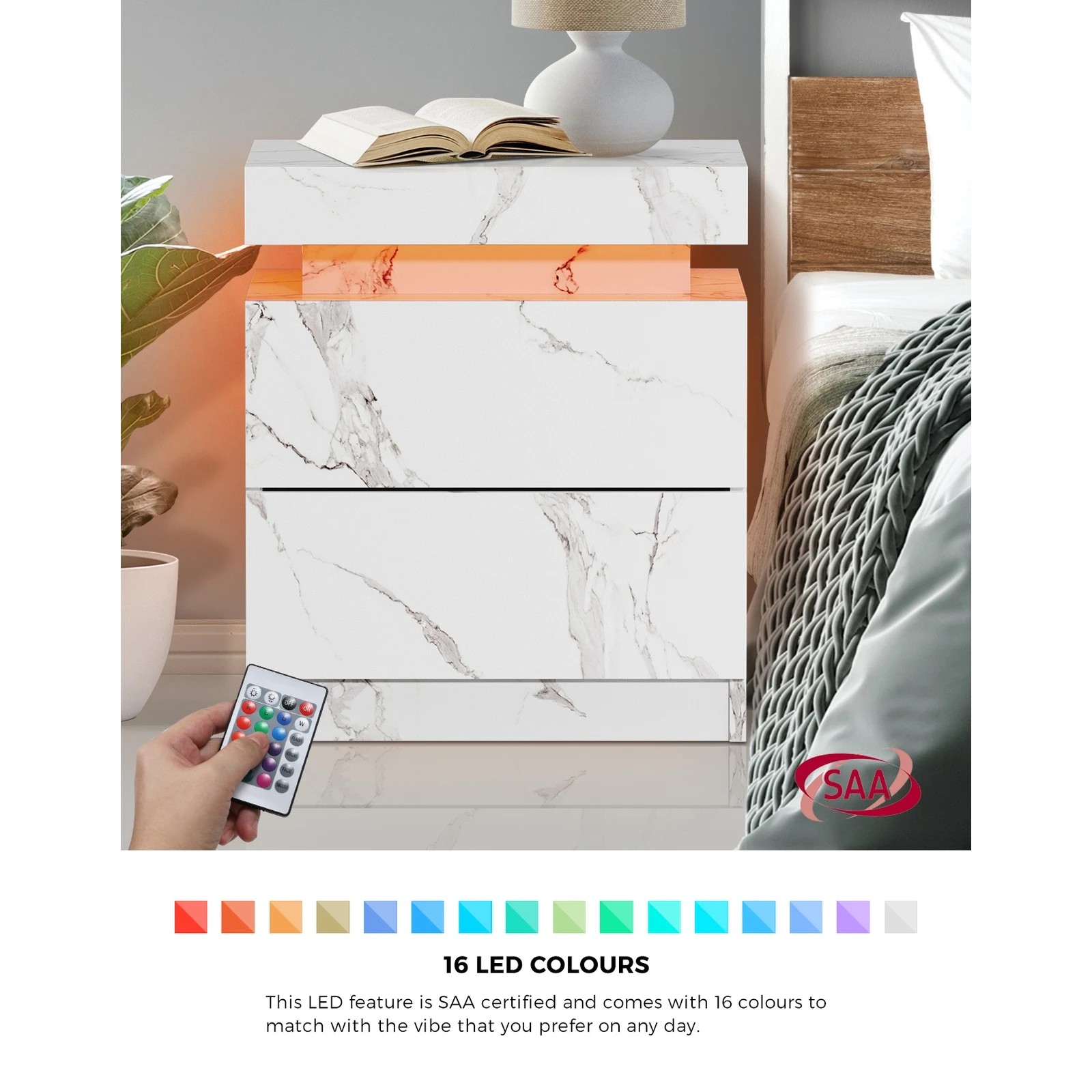 3 Oikiture Bedside Table 2 Drawers Led Side Nightstand Marble Effect
 - White, 3 of 10