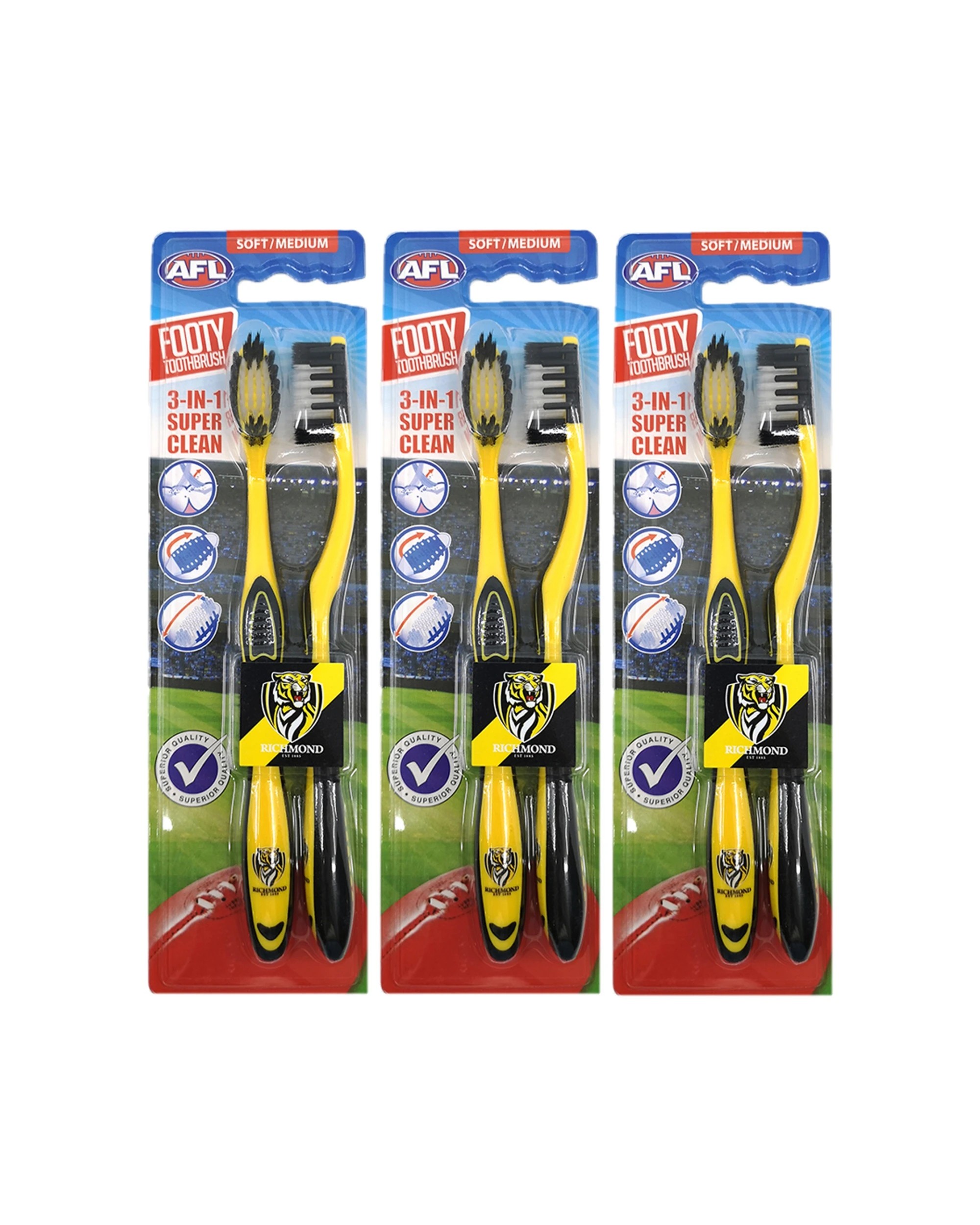 1 AFL 3x 2pc Soft/Medium Toothbrush Oral Care Richmond Tigers Kids/Adults - Multi, 1 of 1