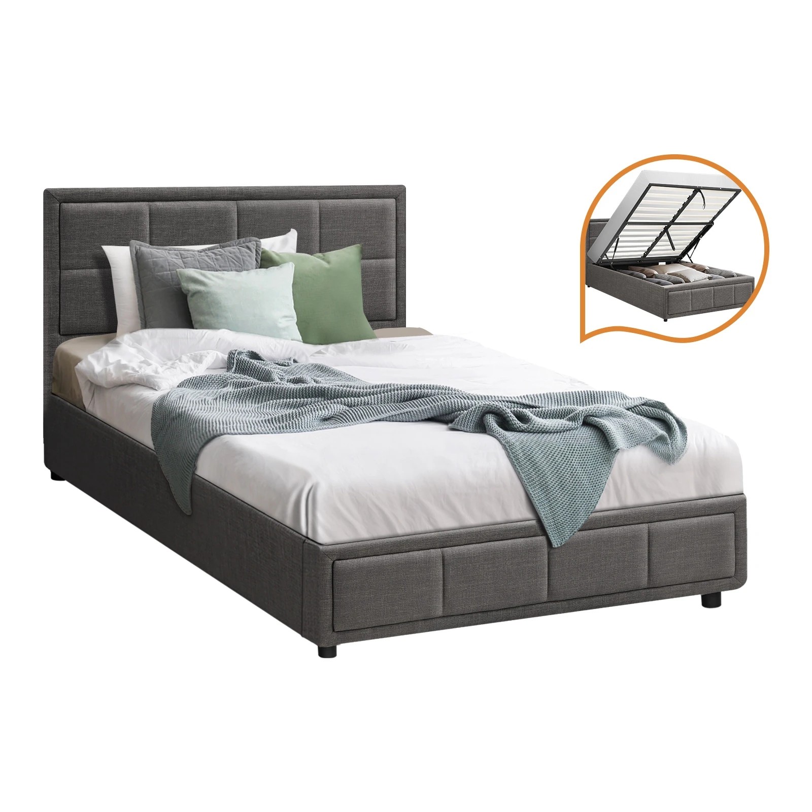 1 Oikiture Bed Frame King Single Gas Lift Storage Base Fabric - Grey, 1 of 10
