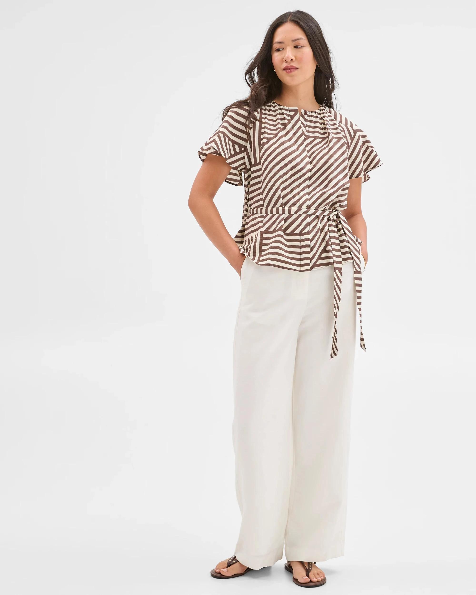 1 Preview Short Sleeve Belted Blouse GANACHE STRIPE, 1 of 7