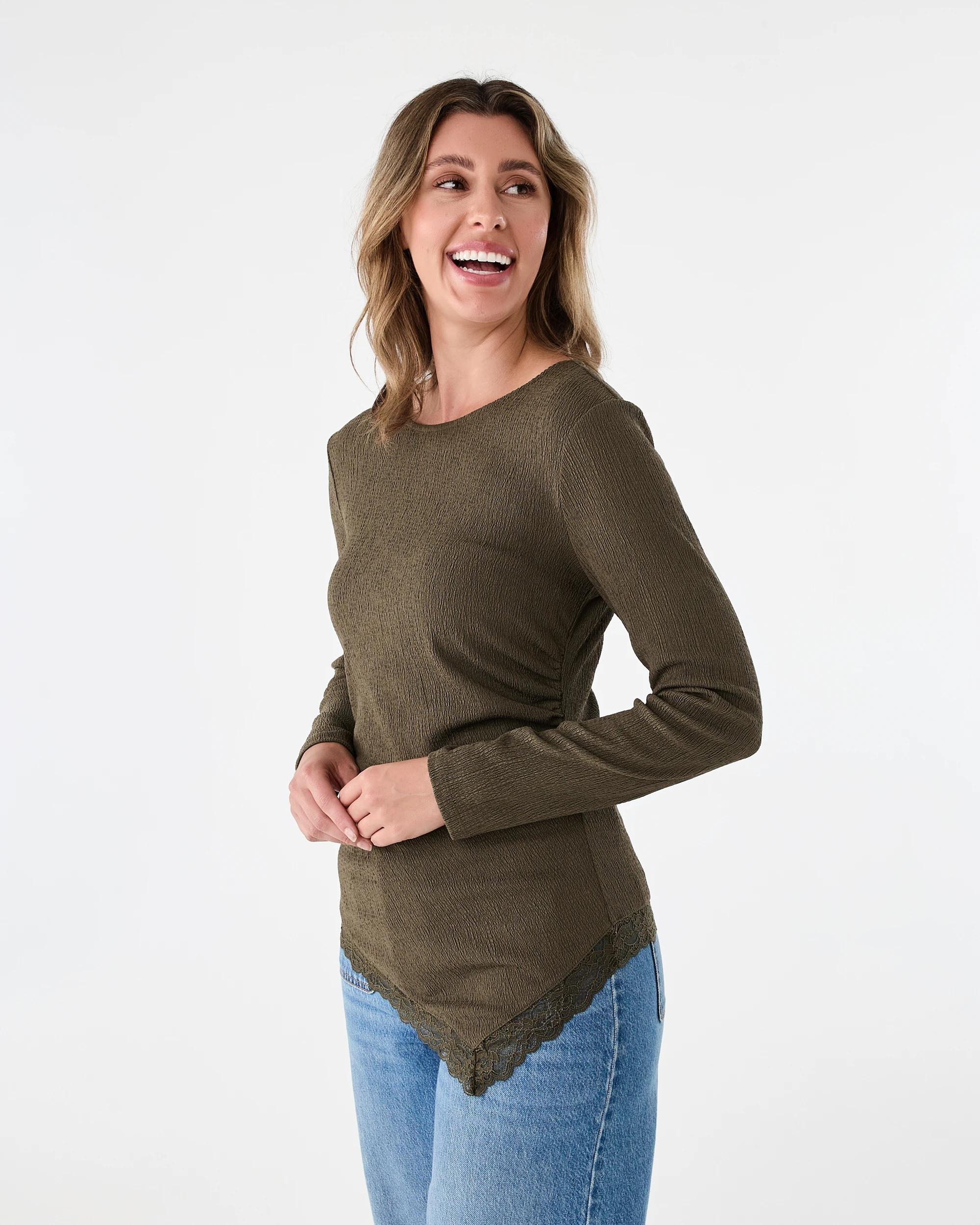2 Long Sleeve Asymmetrical Lace Trim Top Deep Olive, 2 of 7