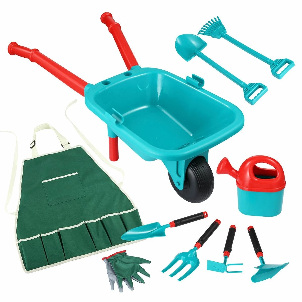 1 AUSWAY Kids Garden Tool Toy Set Wheelbarrow Watering Can, 1 of 4