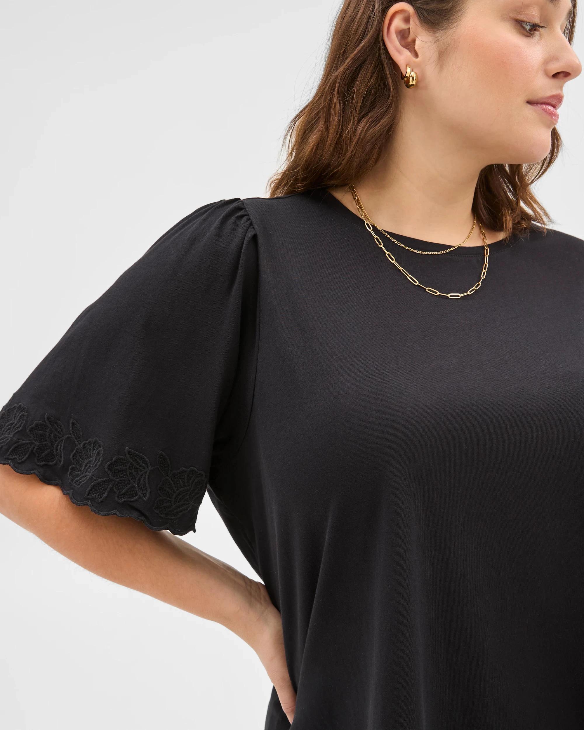 3 Target Plus Size Australian Cotton Embroidered Sleeve T-Shirt BLACK, 3 of 5