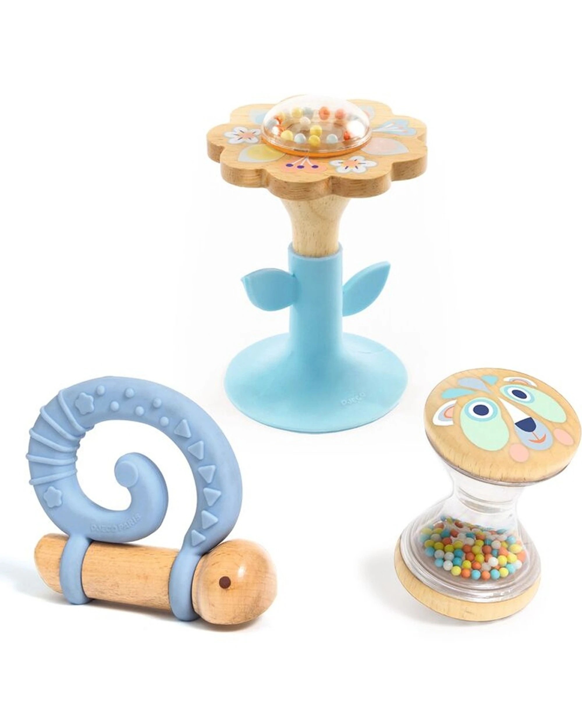 Djeco Baby Gifti Rattle And Teether Set Silicone Wooden Toys - Multi ...
