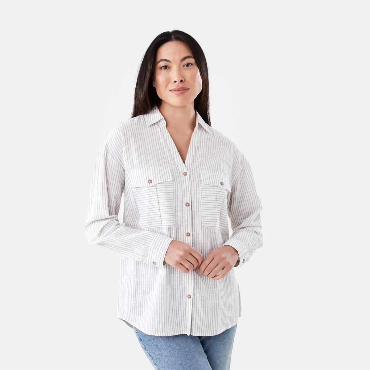 1 Long Roll Sleeve Cotton Shirt Strp Taupe, 1 of 6