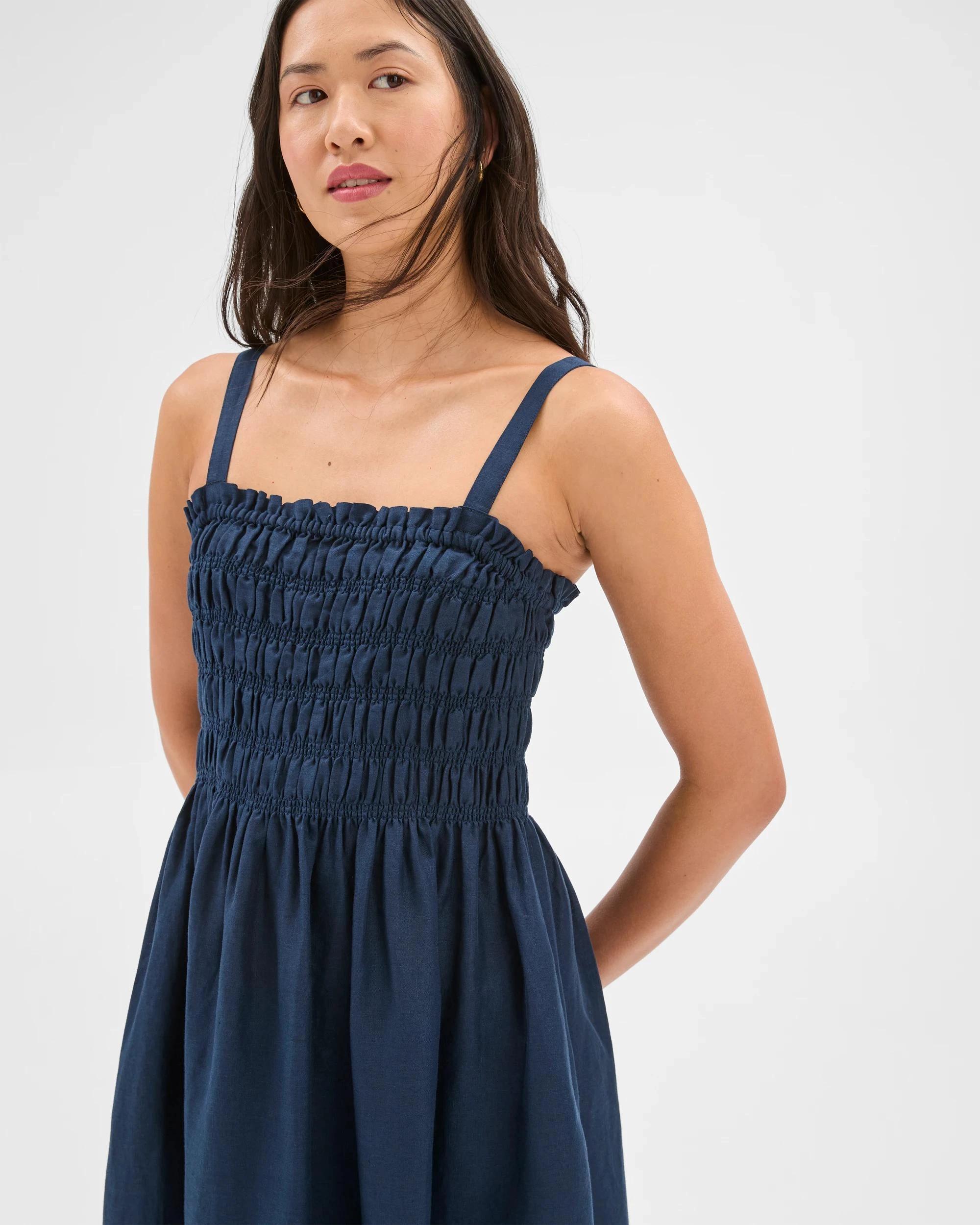 2 Target European Linen Shirred Midi Dress NAVY BLUE, 2 of 6