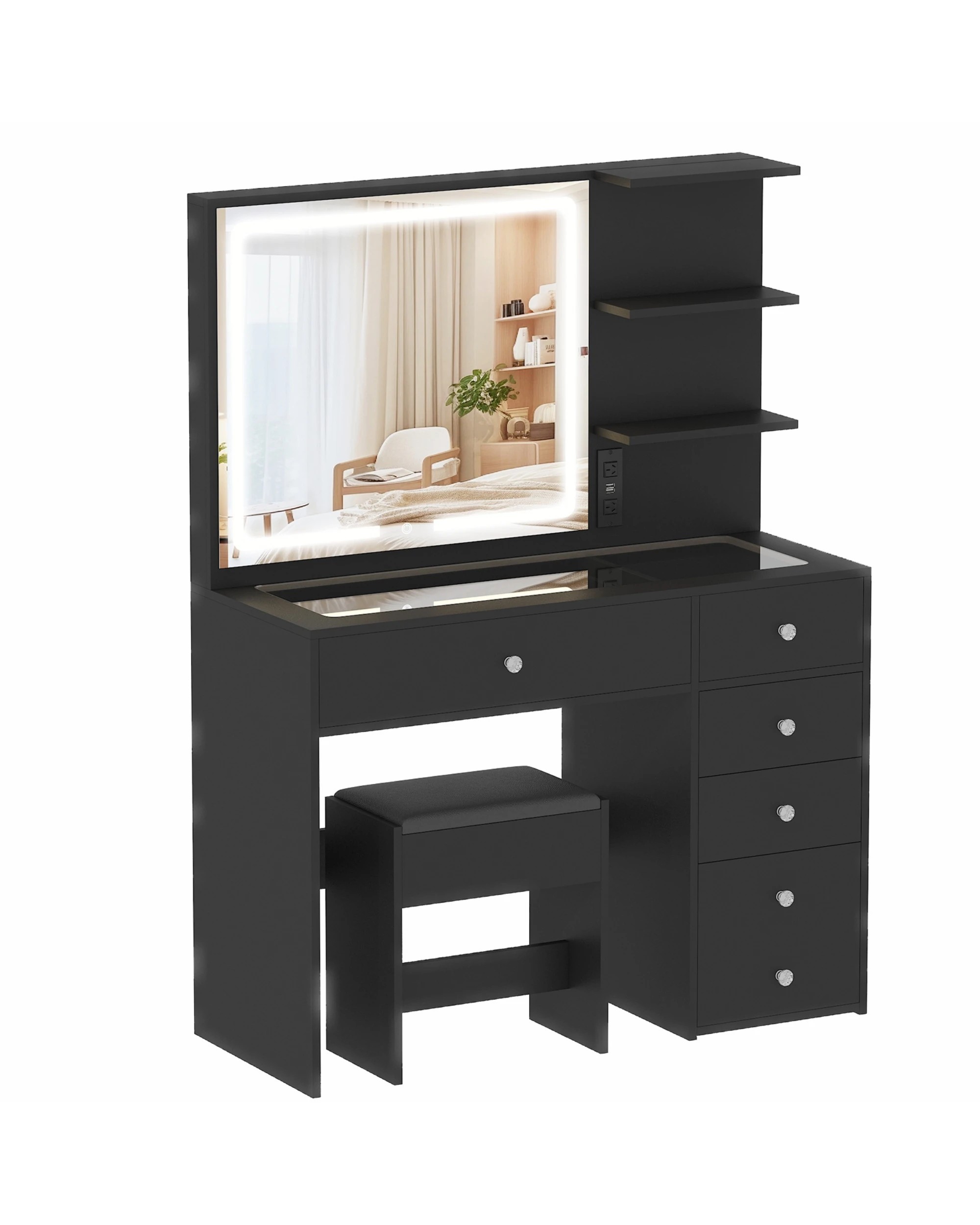 1 Advwin Dressing Table Set LED Light Glass Top - Black, 1 of 6