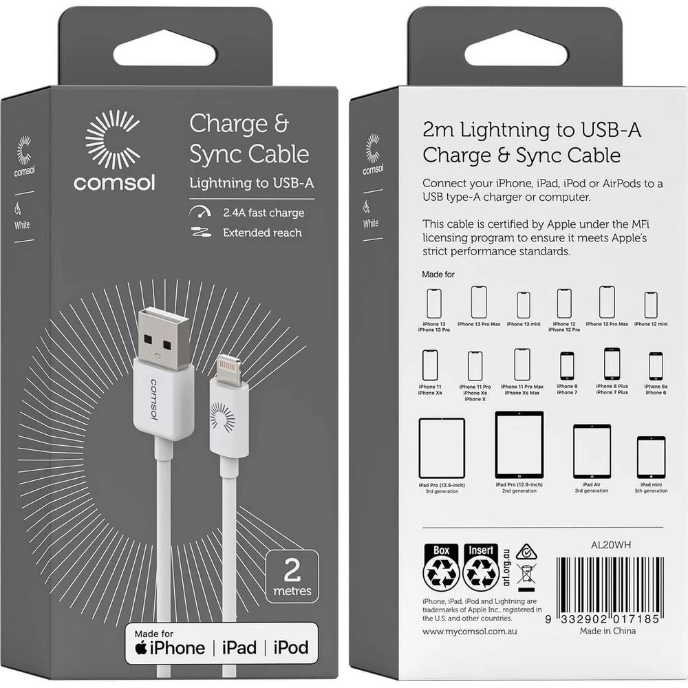 6 Comsol Lightning to USB Cable 2m White, 6 of 6