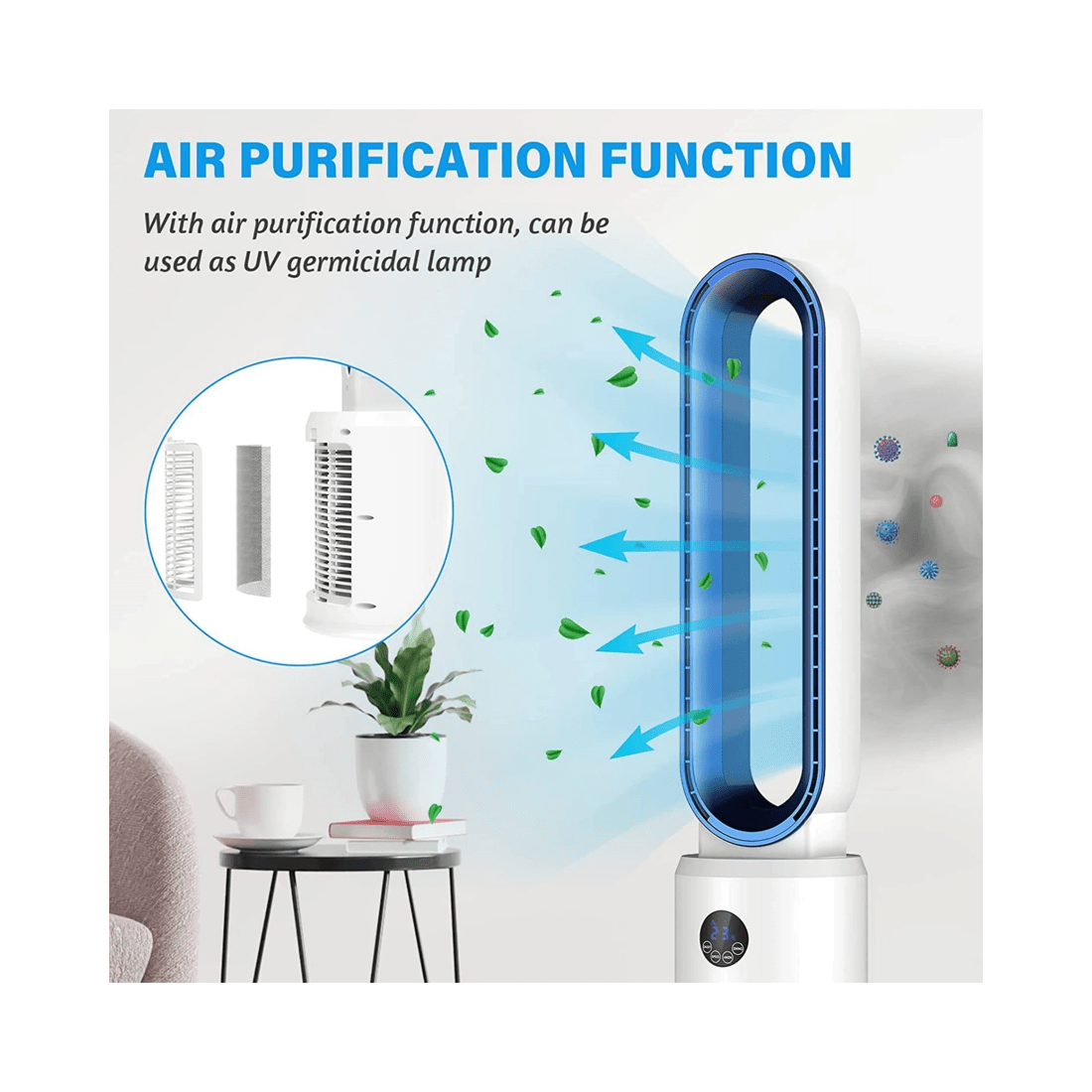 4 Advwin Bladeless Tower Fan, Standing Floor Fan Air Circulator with Remote Control Speeds Adjustable, Blue, 4 of 7