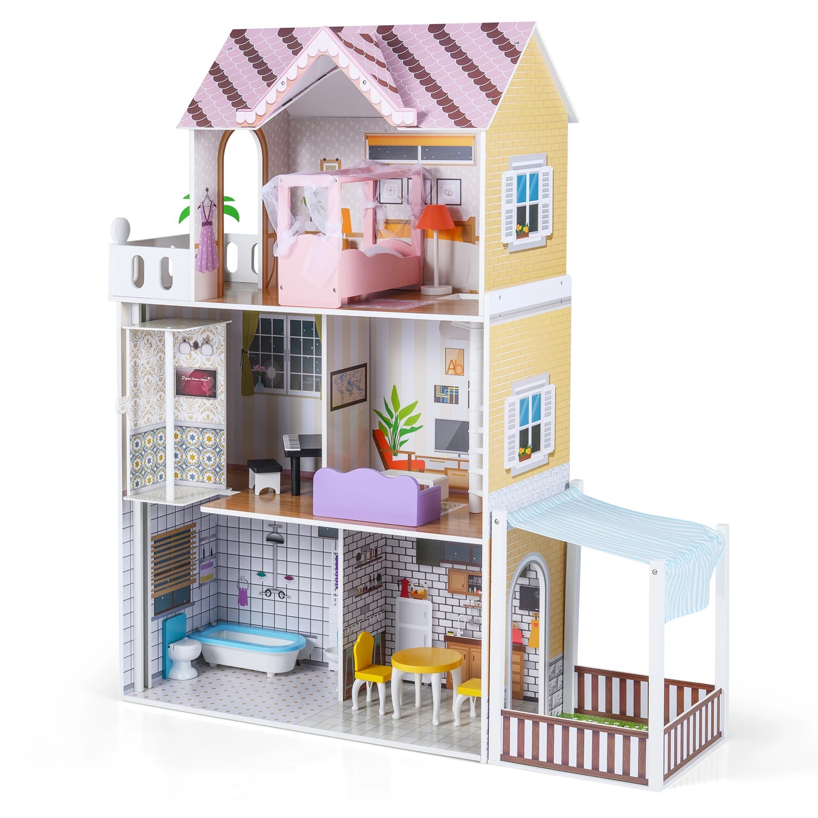 1 Costway 3-Story Pretend Dollhouse Family DIY Play House - Pink, 1 of 3
