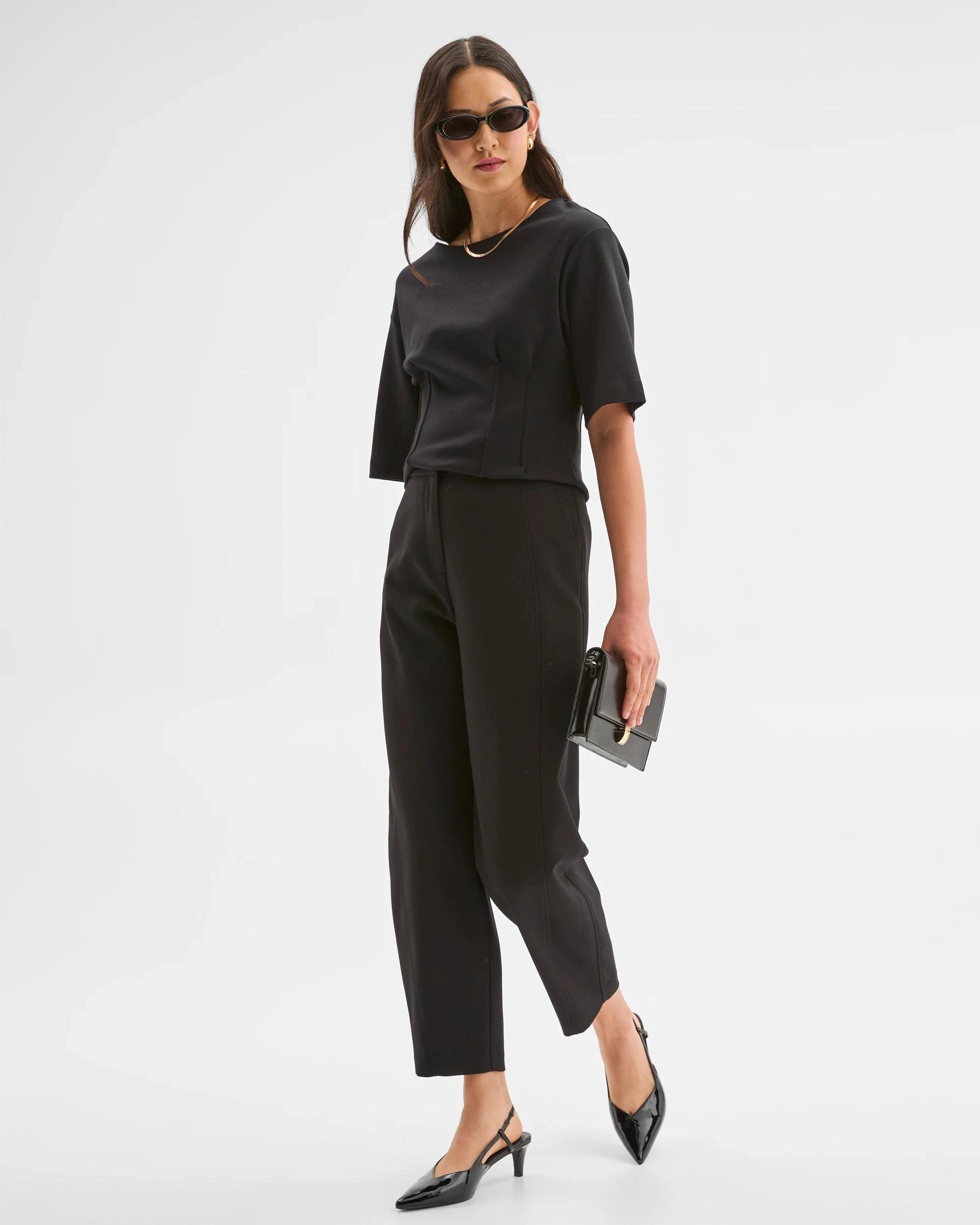 1 Preview Australian Cotton Blend Short Sleeve Knit Waisted Top BLACK, 1 of 9