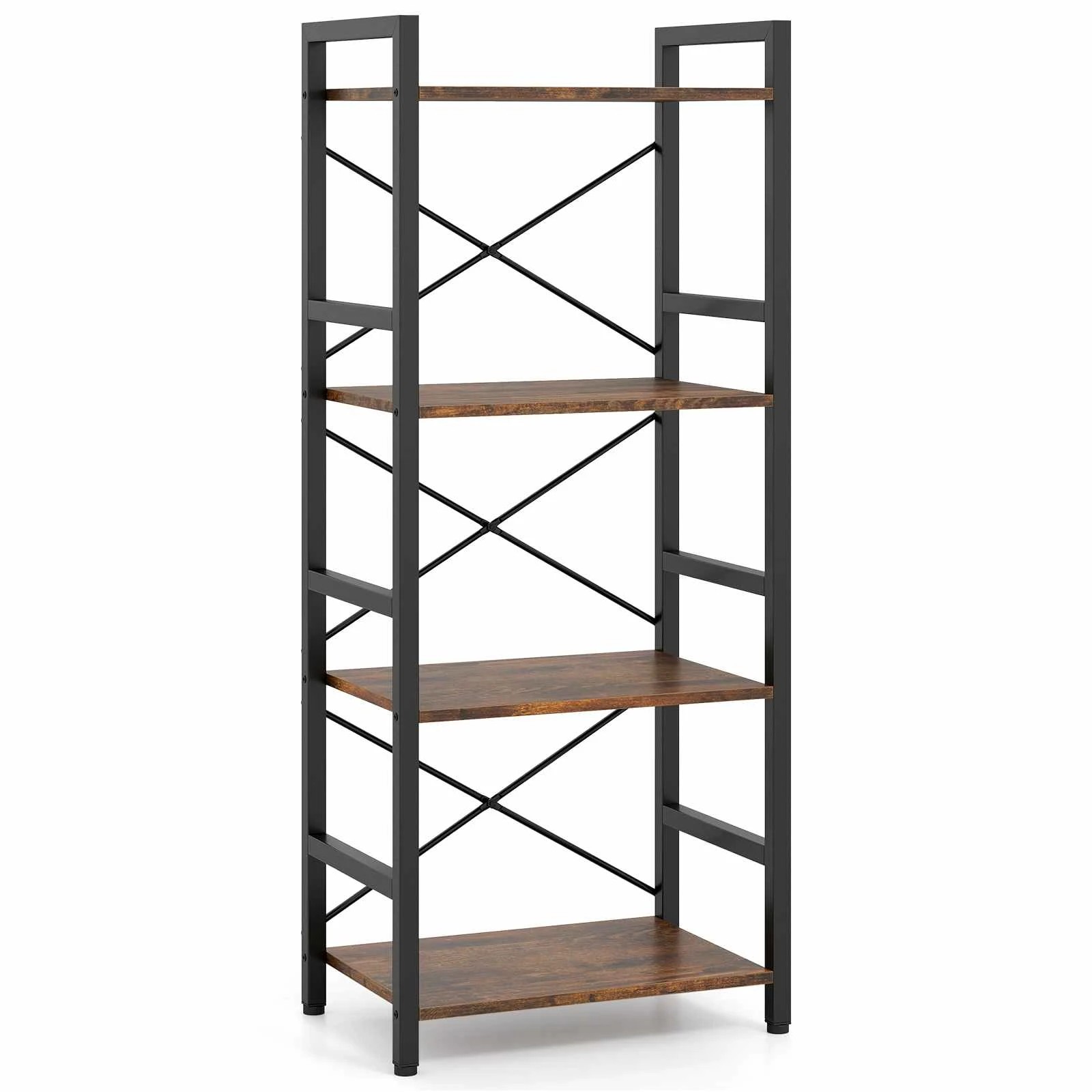 1 Costway 4-Tier Bookshelf Bookcase Metal Display Rack Open Shelves - Brown, 1 of 5
