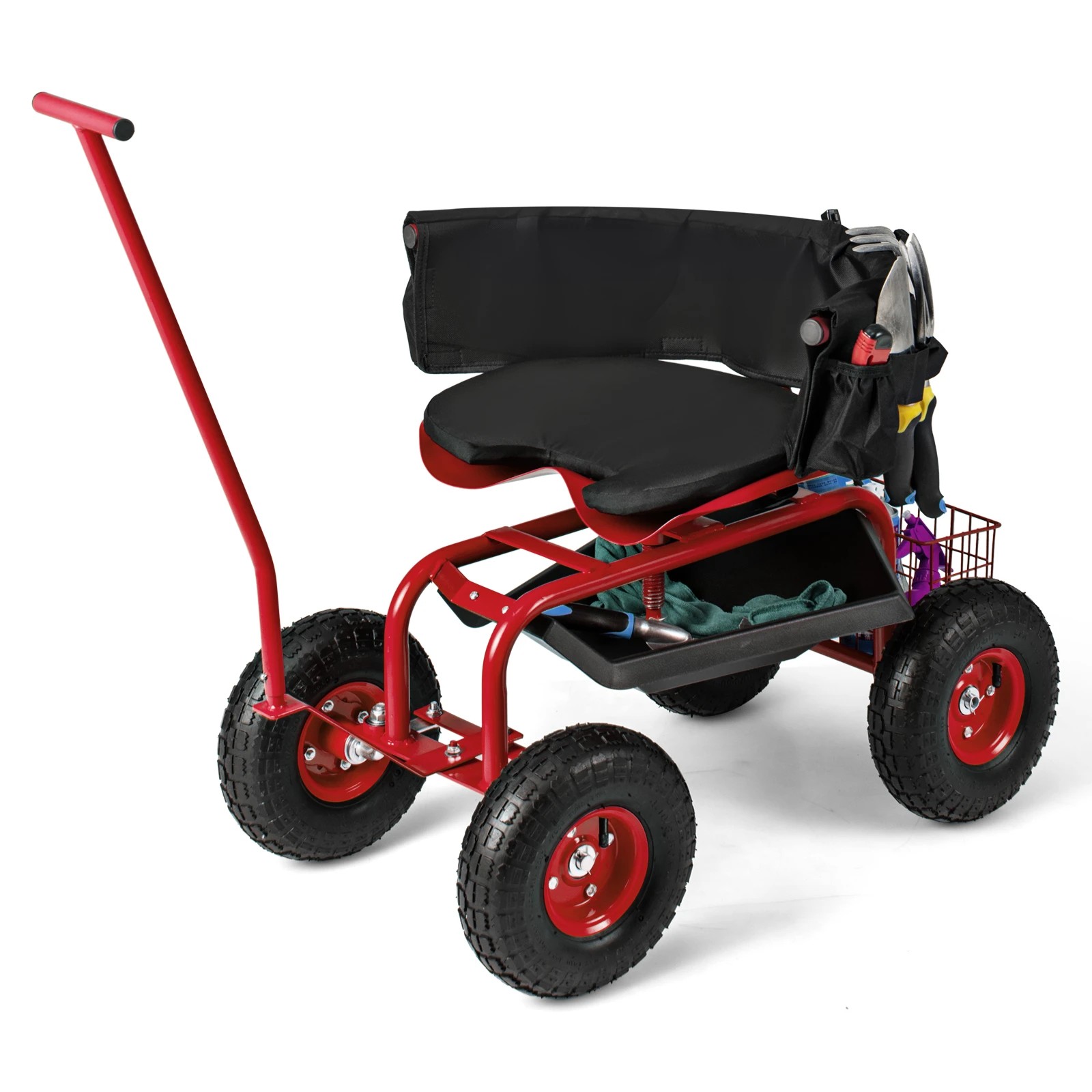 1 Costway Garden Cart Mobile Garden Workseat w/Wheels & Tool Tray Wagon Scooter 2 Steering Handles - Red, 1 of 3