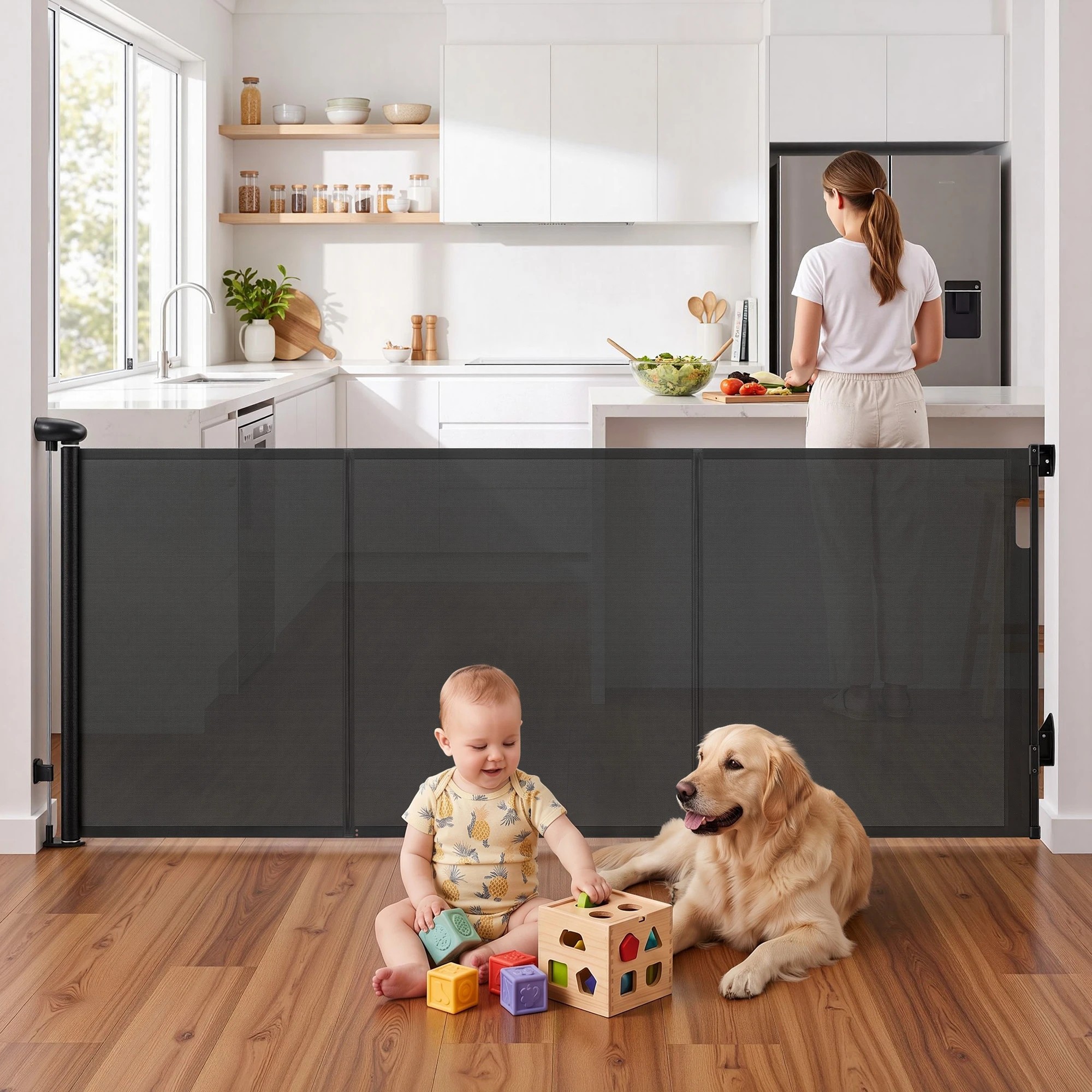 2 Keezi Retractable Gate Extends up to 400cm Baby Gate Pet Safety Fence Black - Black, 2 of 9
