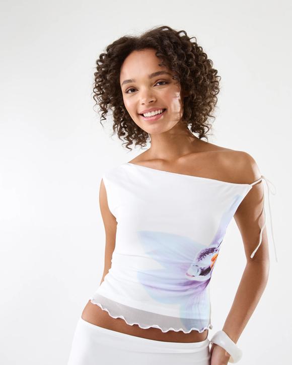 Print Off Shoulder Mesh Top