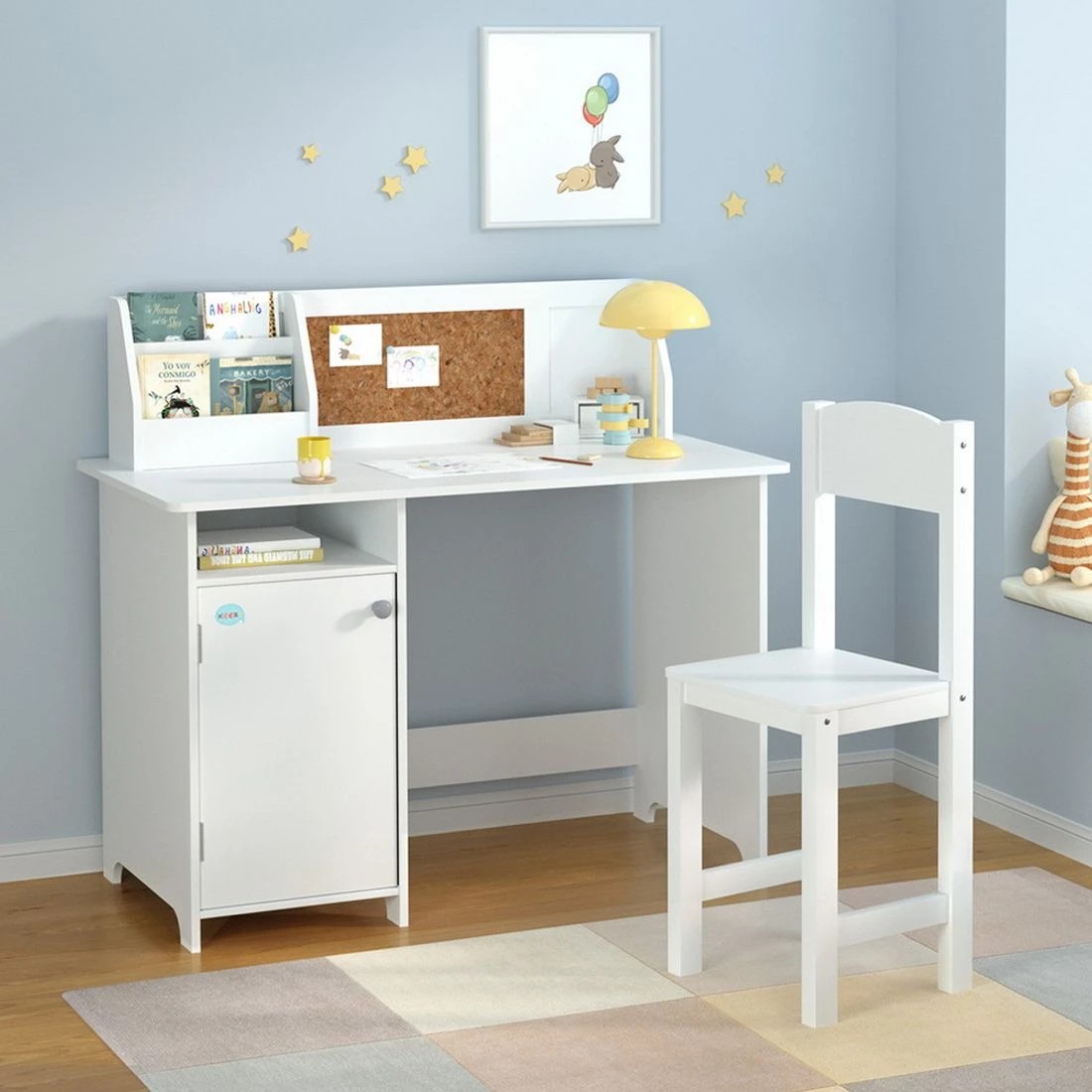 3 Keezi Kids Table and Chair Set Children Study Play Toys Desk w/ Cabinet - White, 3 of 8