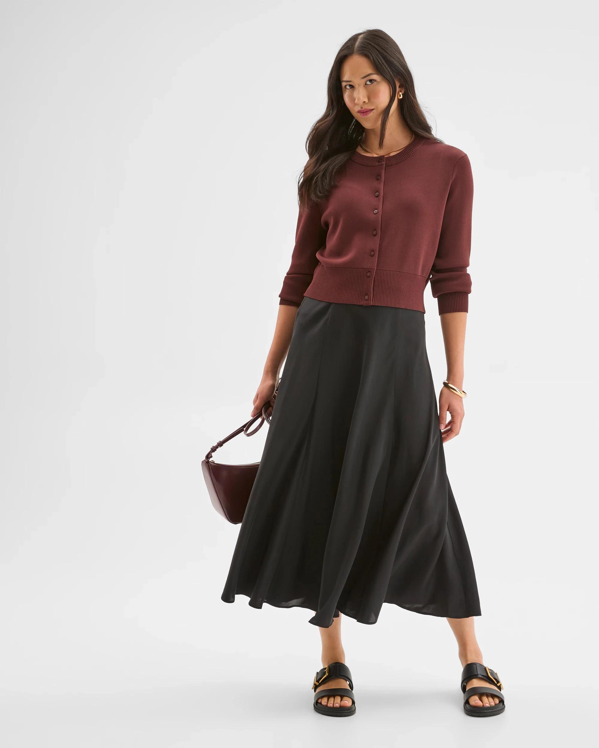 2 Preview Crepe Knit Cardigan RUM RAISIN, 2 of 7